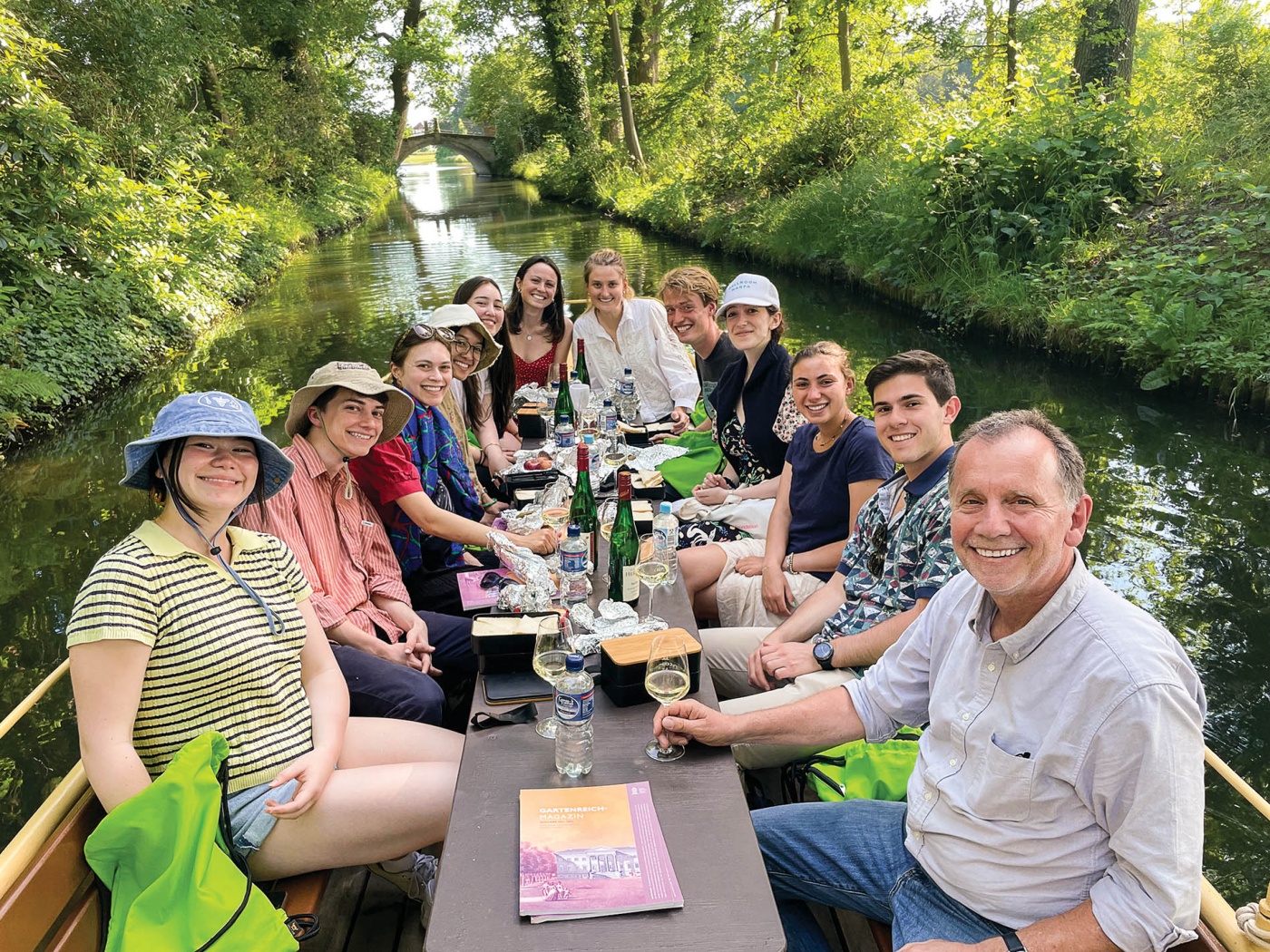 Image of students and professor in a gondola on a river in Germany 