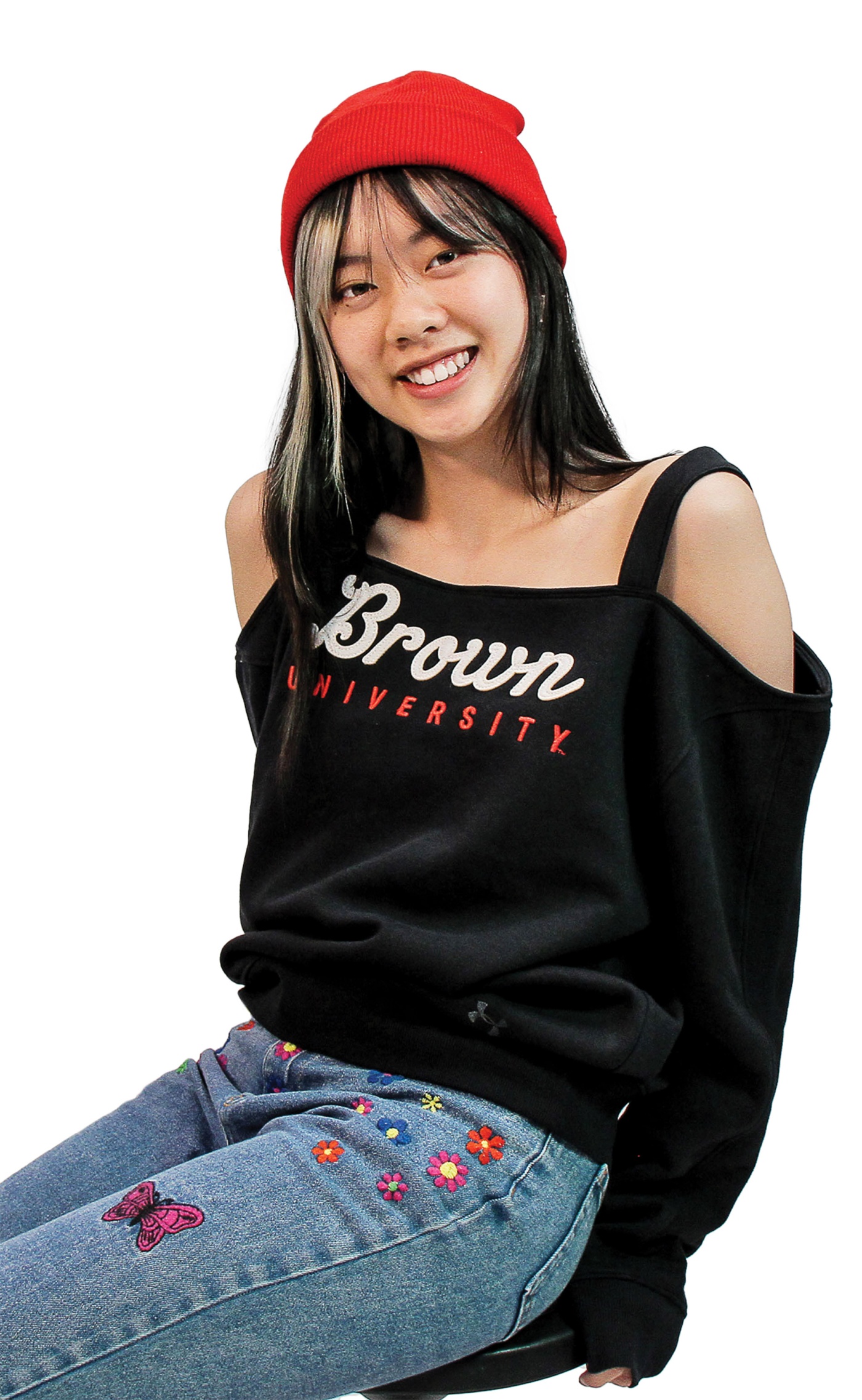 Image of Brown student with a repurposed Brown sweatshirt by Glory Lee