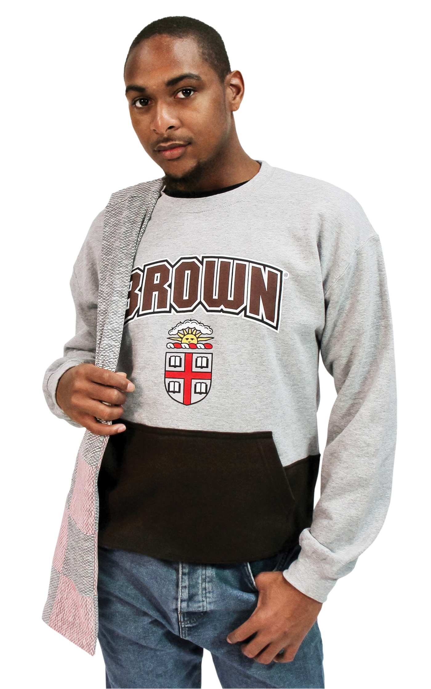 Image of Brown student with a repurposed Brown sweatshirt by Glory Lee
