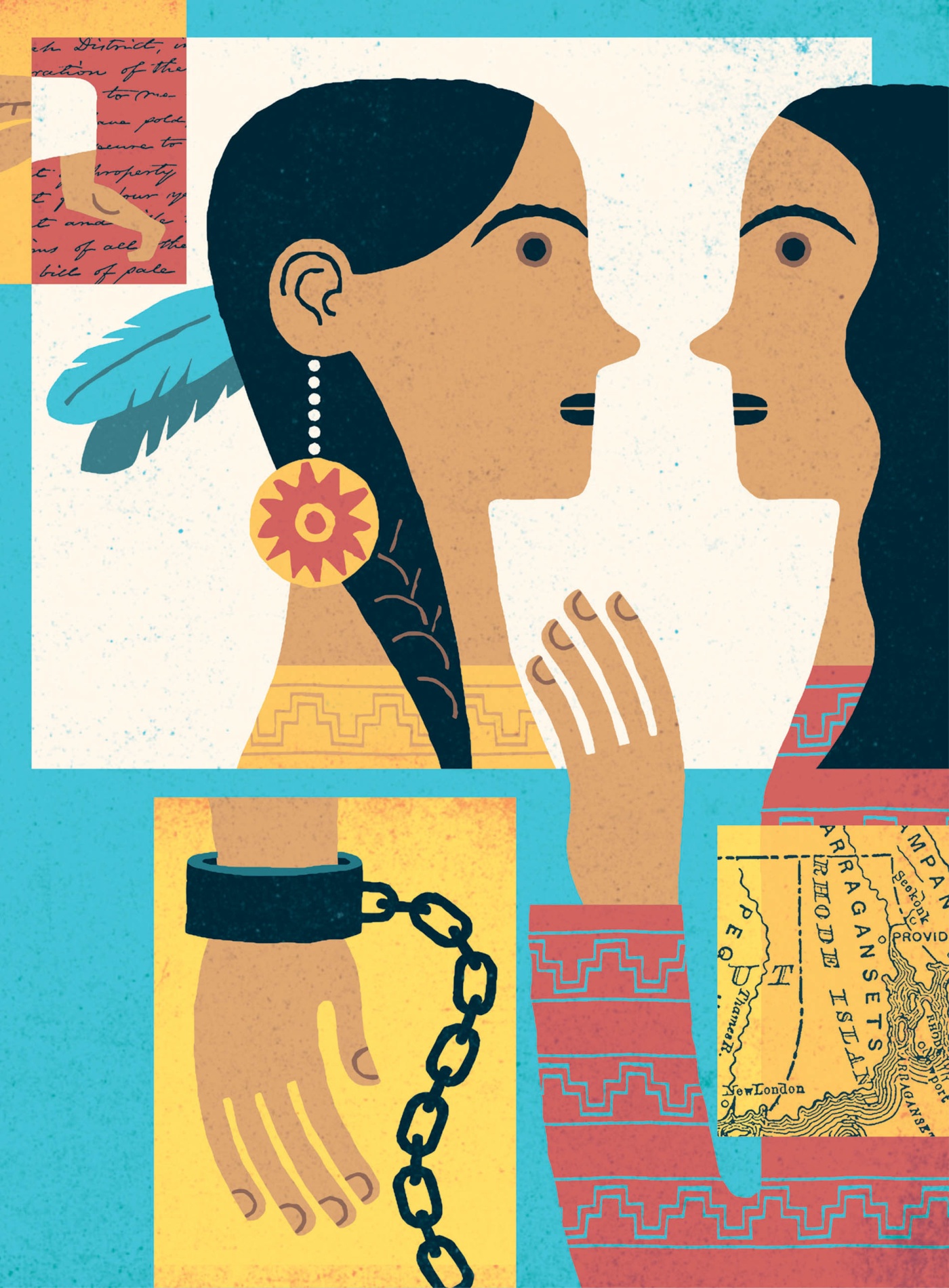 Illustration by Tim Cook of two Native Americans looking at one another, a wrist in handcuffs, and a map of Narragansett territory in R.I.
