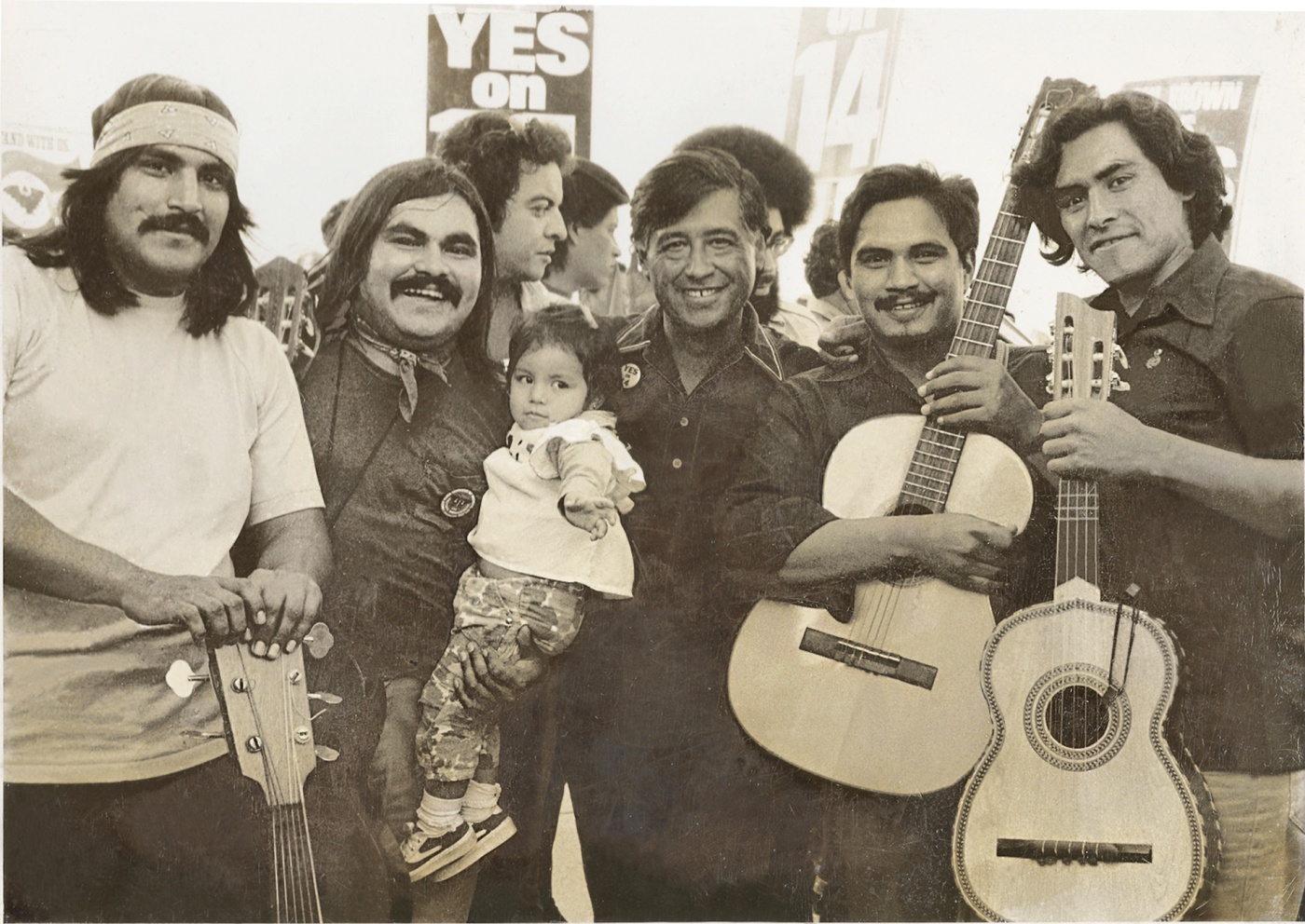 Image of Ramon "Chunky" Sanchez at a United Farm Workers rally with César Chávez.