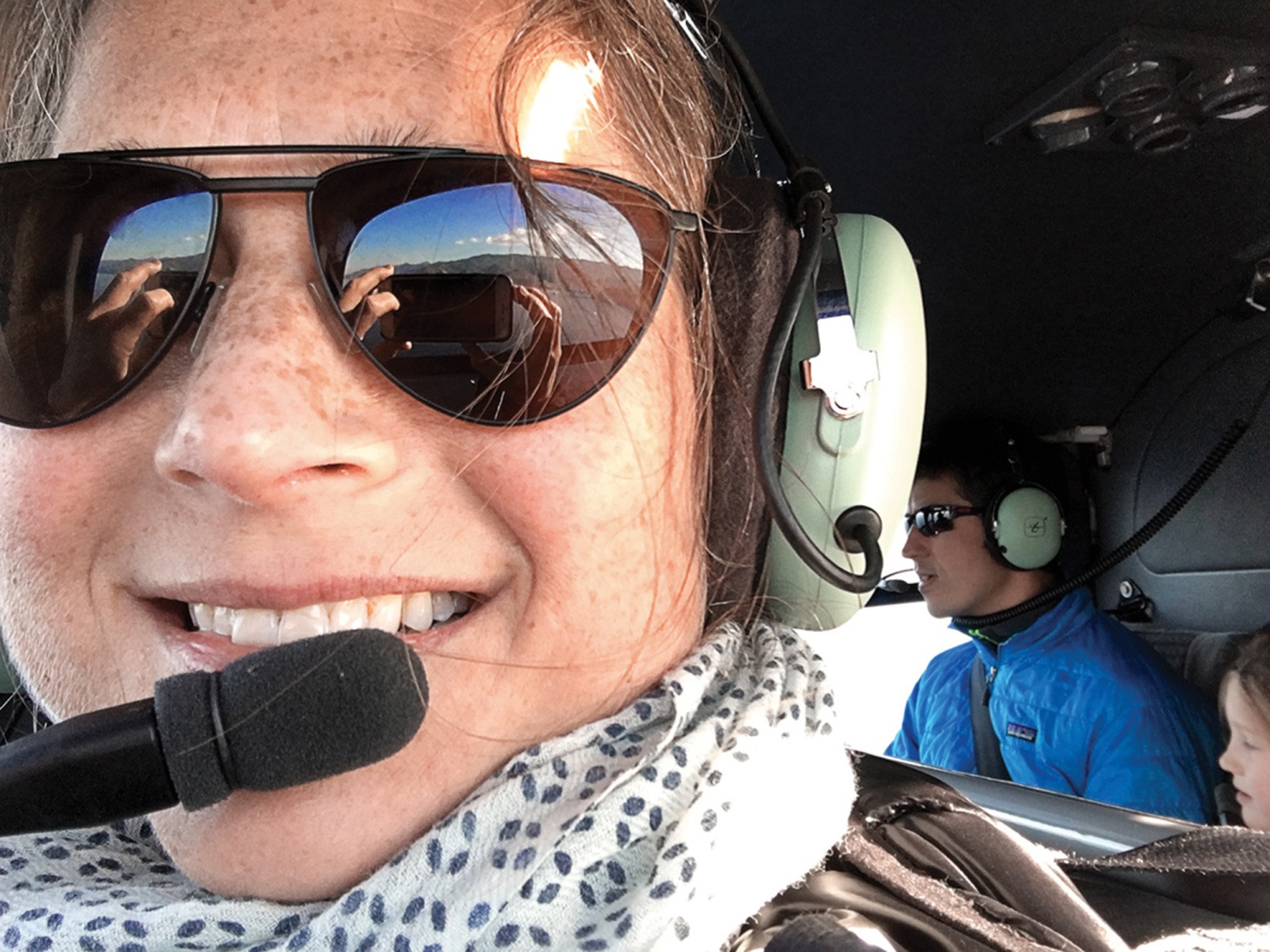 A selfie of Sylvia Winter flying a plane