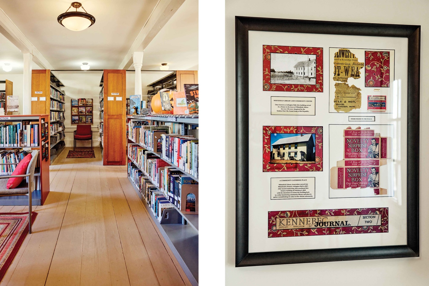 Image of upcycled lab shelves and framed relics of the Grange, in the Whitefield Library, Maine.