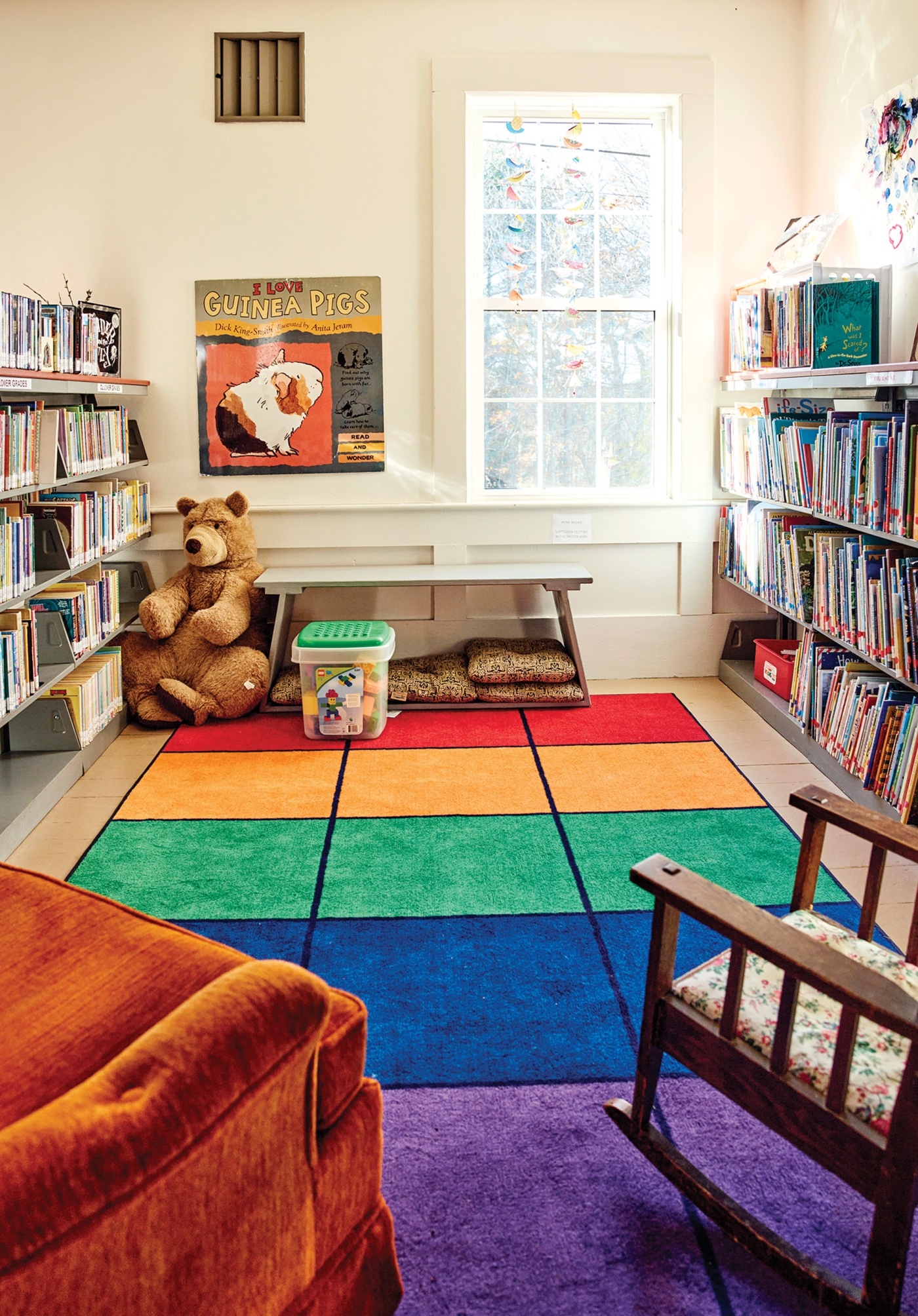 Image of colorful reading nook for kids in the Whitefield Library, Maine.