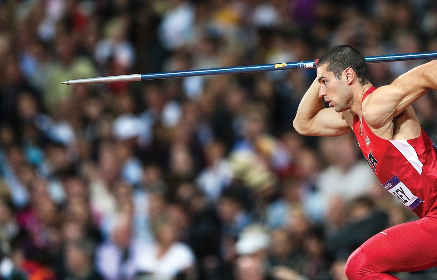 Image of Craig Kinsley ’11 about to throw a javelin in the 2012 London Olympics