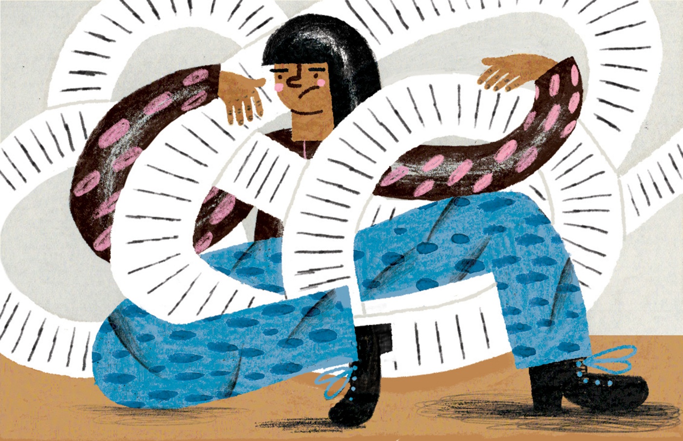 Illustration by Kasia Fryza of a person entangled in a roll of paper.