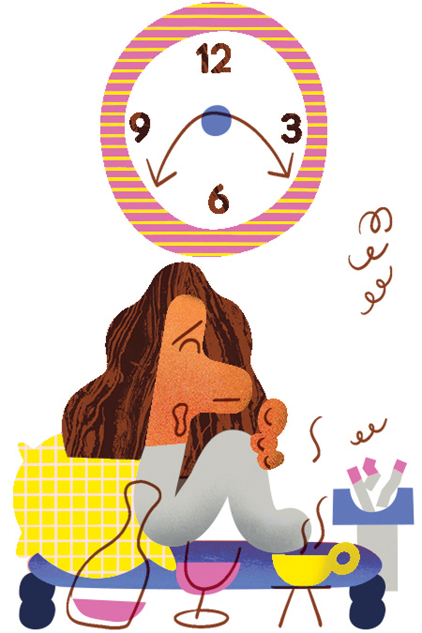 Illustration by Ola Niepsuj of a person in front of a clock and various drinks surrounding.