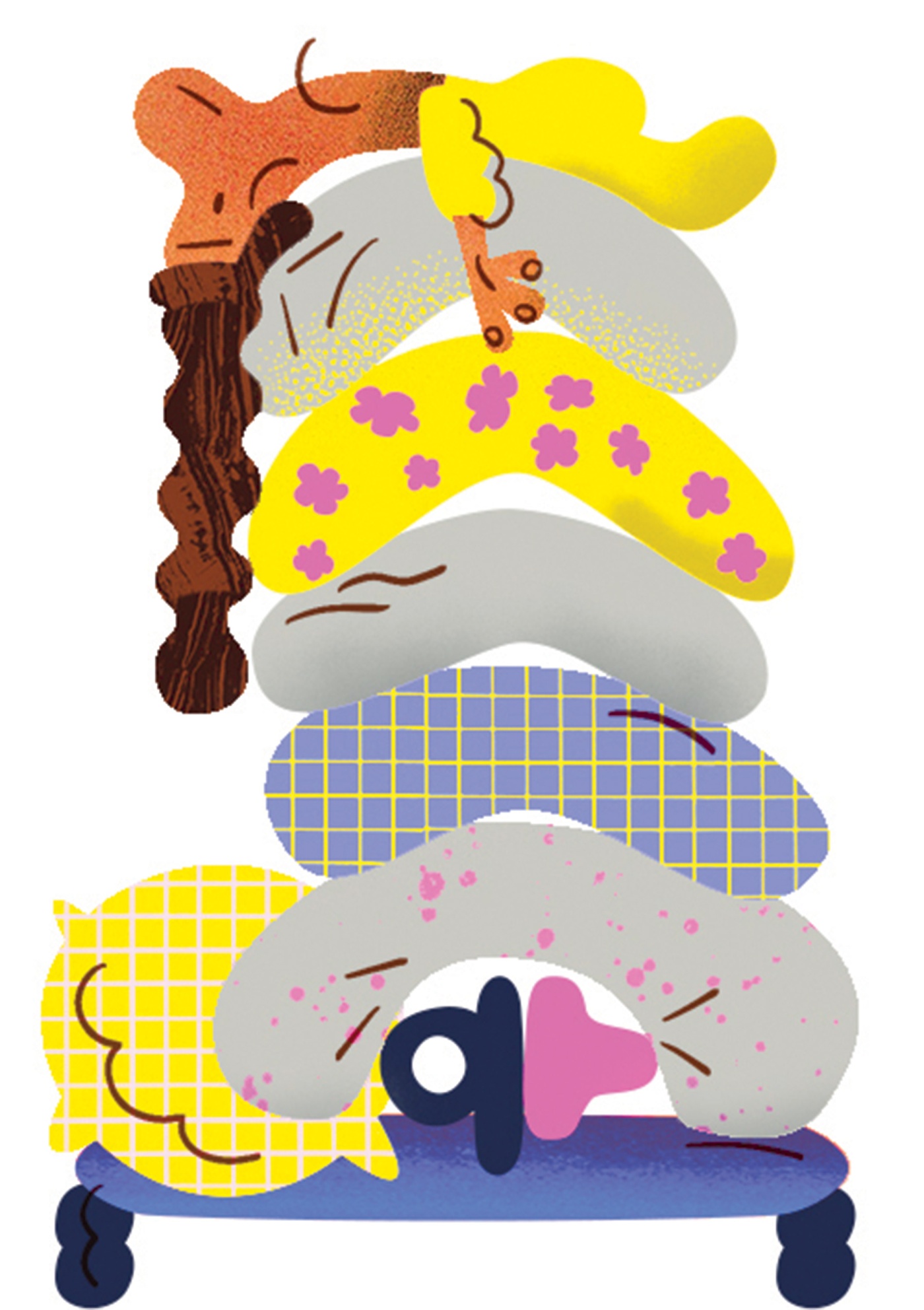 Illustration by Ola Niepsuj of a person sleeping on top of a pile of pillows with a pacifier underneath. 