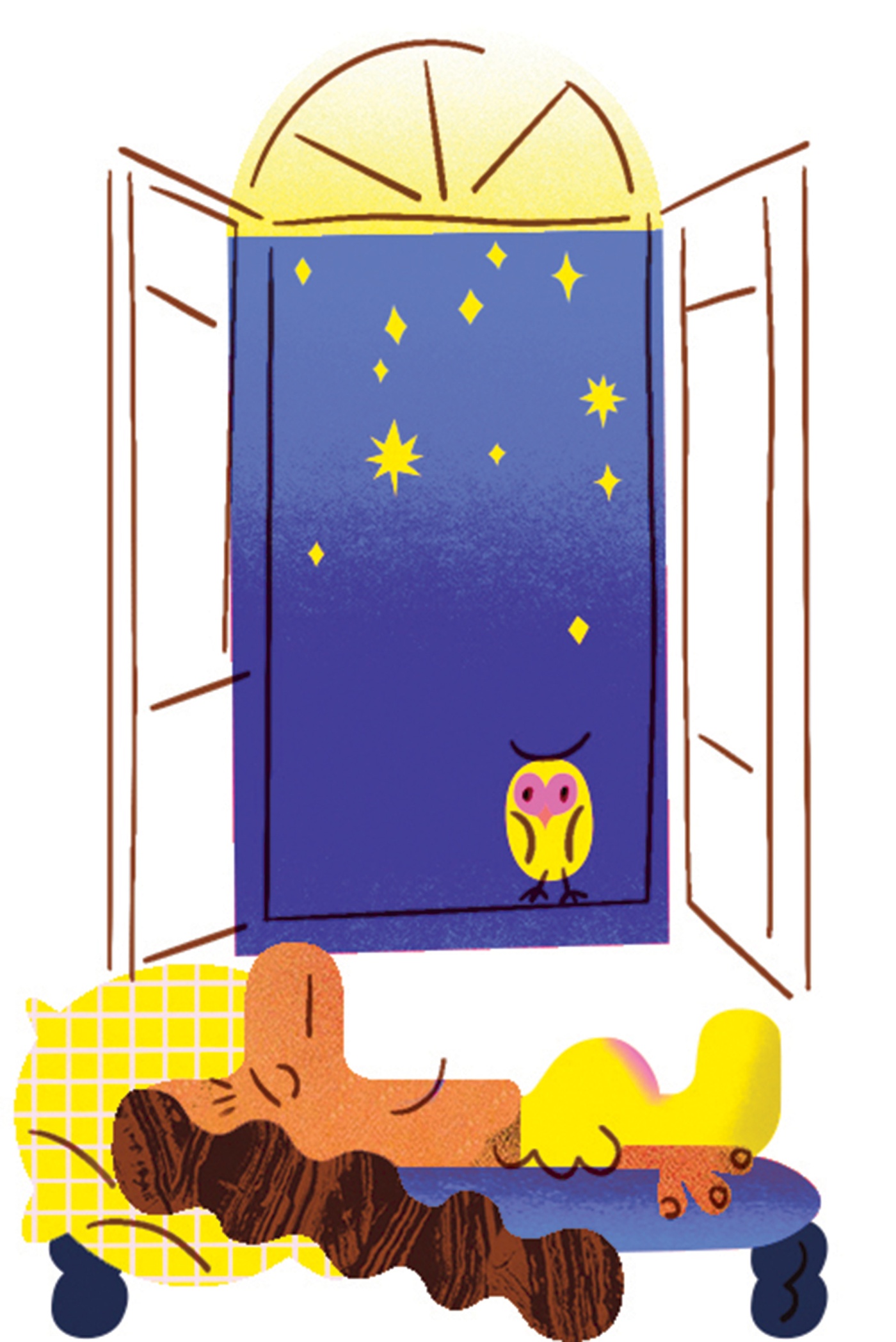 Illustration by Ola Niepsuj of a person sleeping under an open window with an owl sitting on a branch outside.