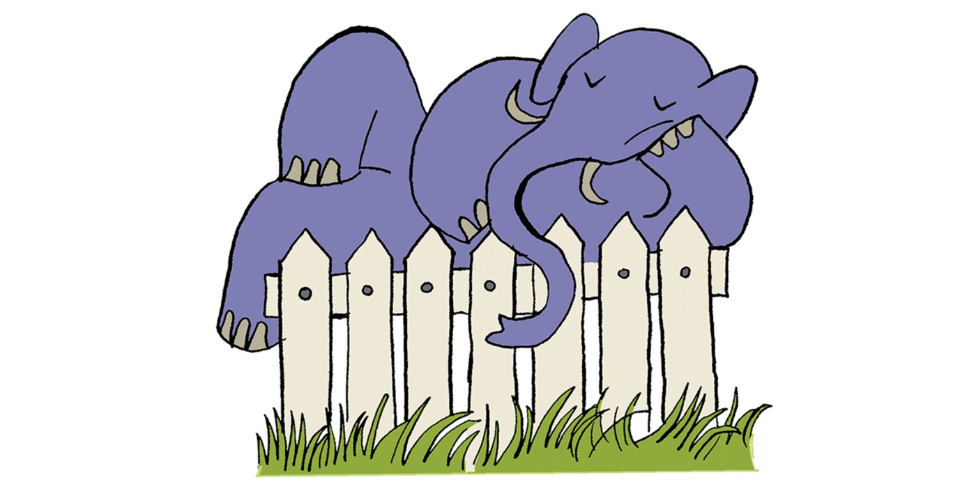 Illustration by S. Federico of an elephant laying on top of a fence. 
