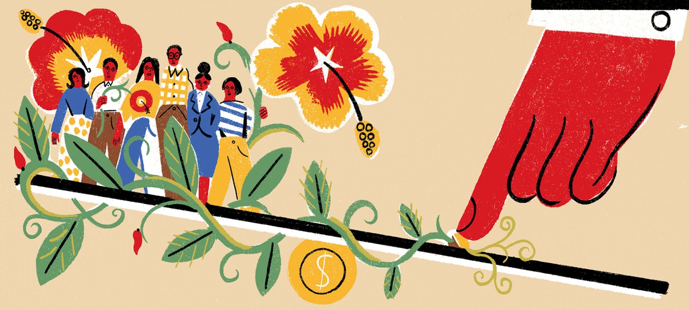Illustration by Irene Rinaldi of a large hand pressing down a balance beam with a group of immigrants at the other end.