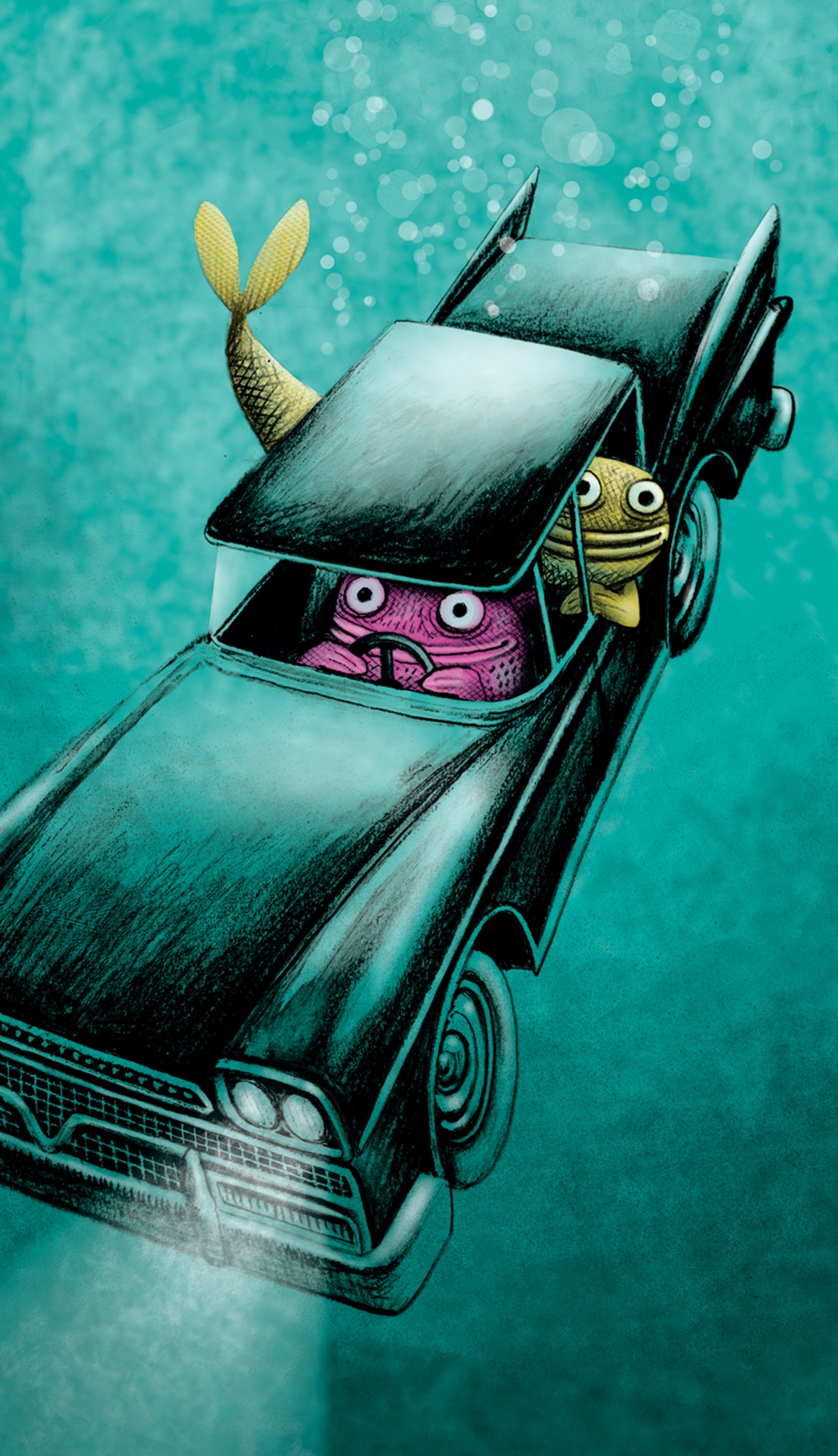 Illustration by Klaas Verplancke of two fish driving a sinking car underwater.