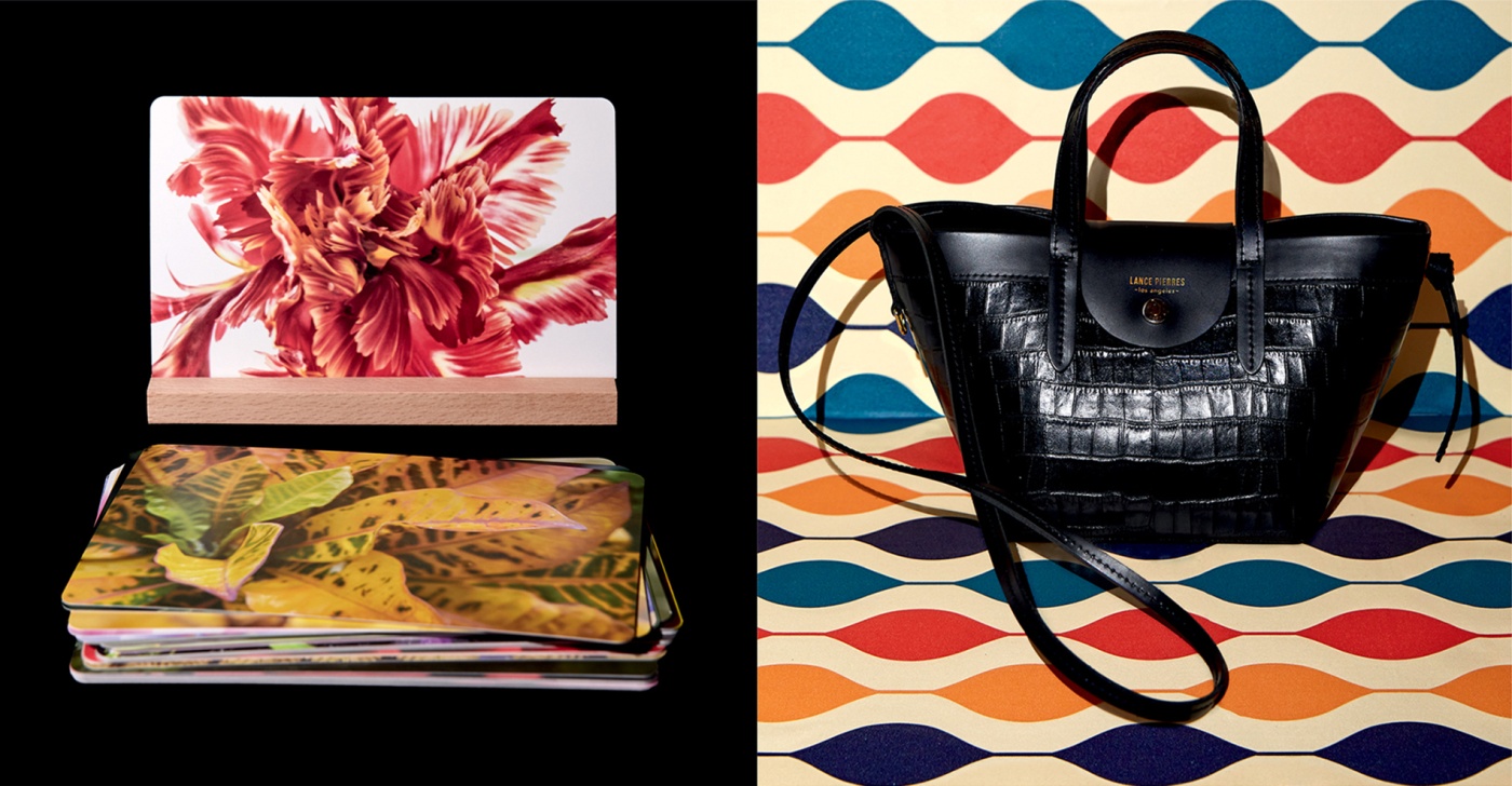photos of a picture card game and a black leather purse