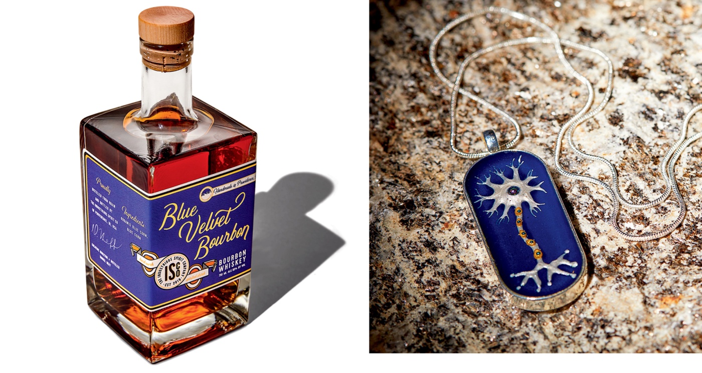 photos of a bottle of bourbon and a cell-inspired necklace