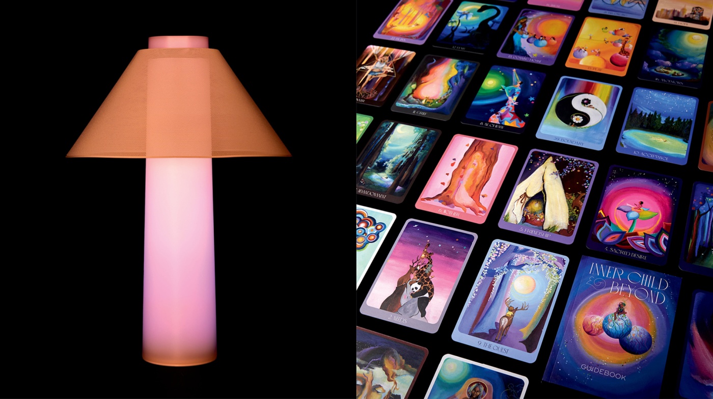 photos of a light-sensitive lamp and a card game