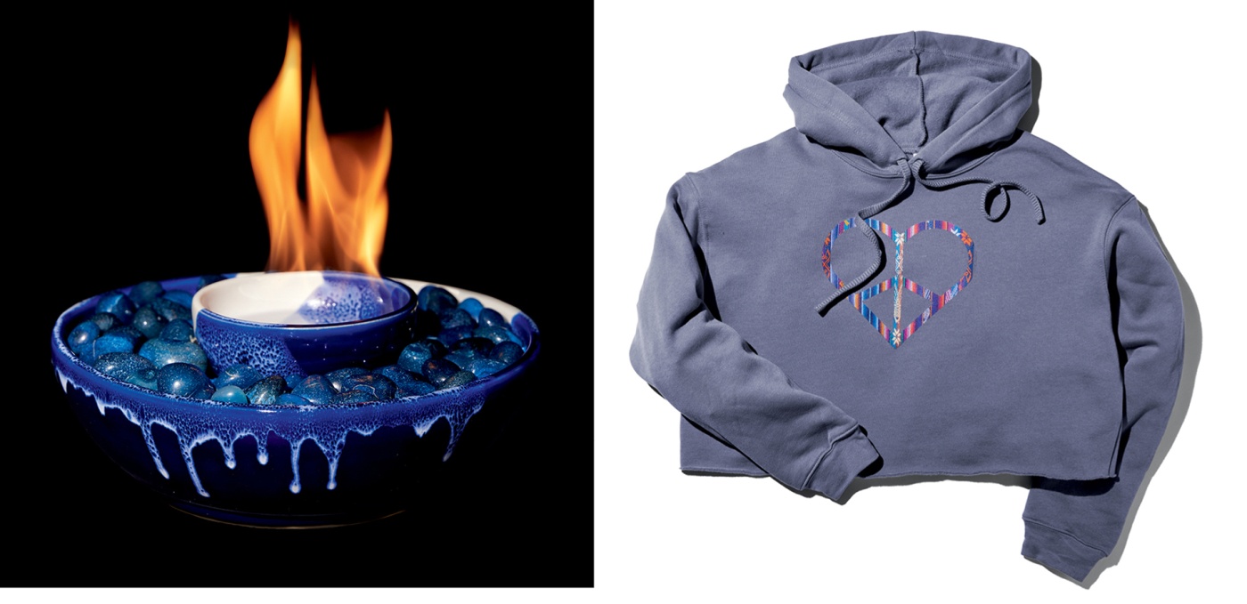 photos of a ceramic fire bowl and a heart-embossed cropped sweatshirt