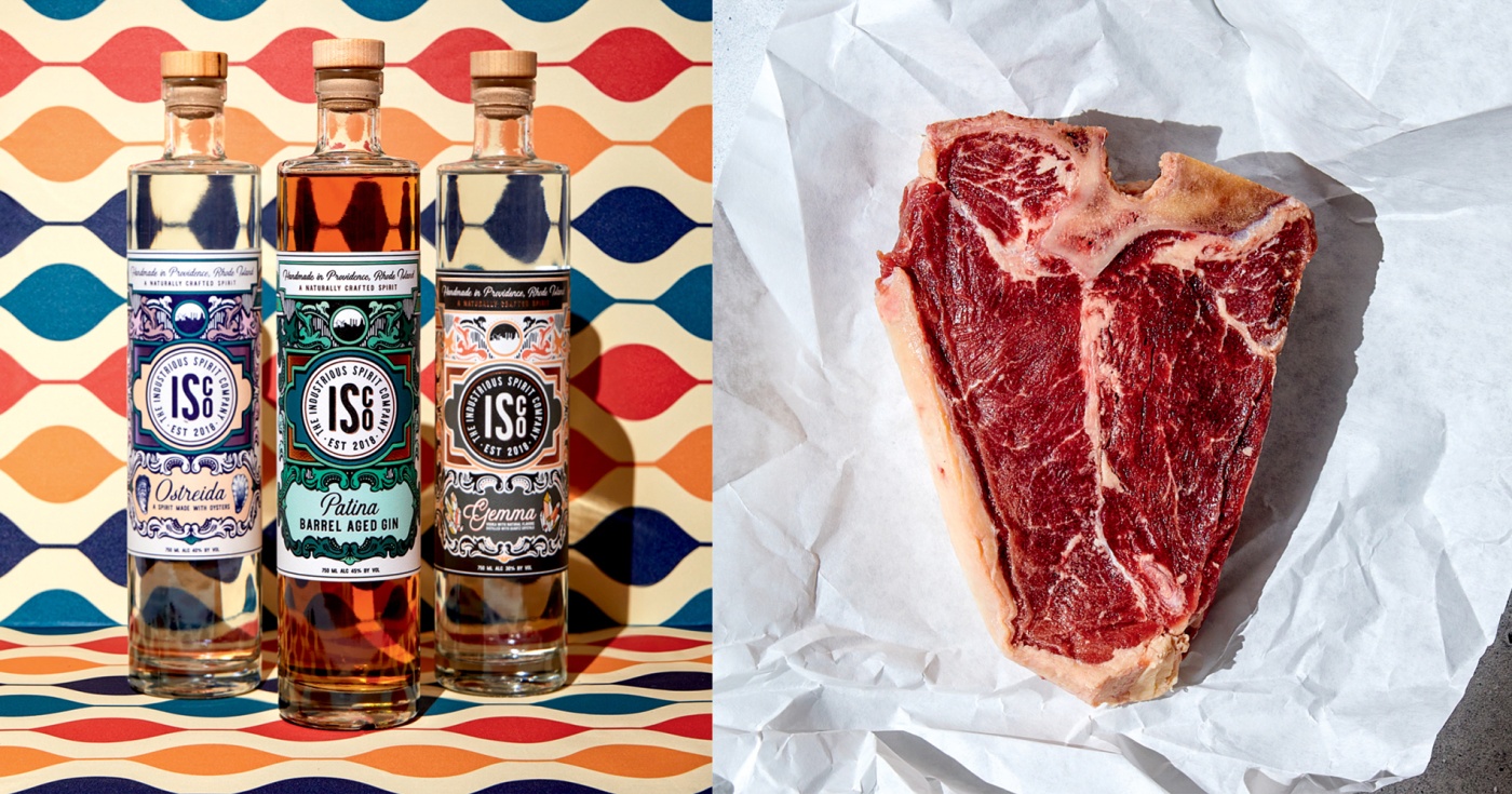 photos of three bottles of spirits and a t-bone steak