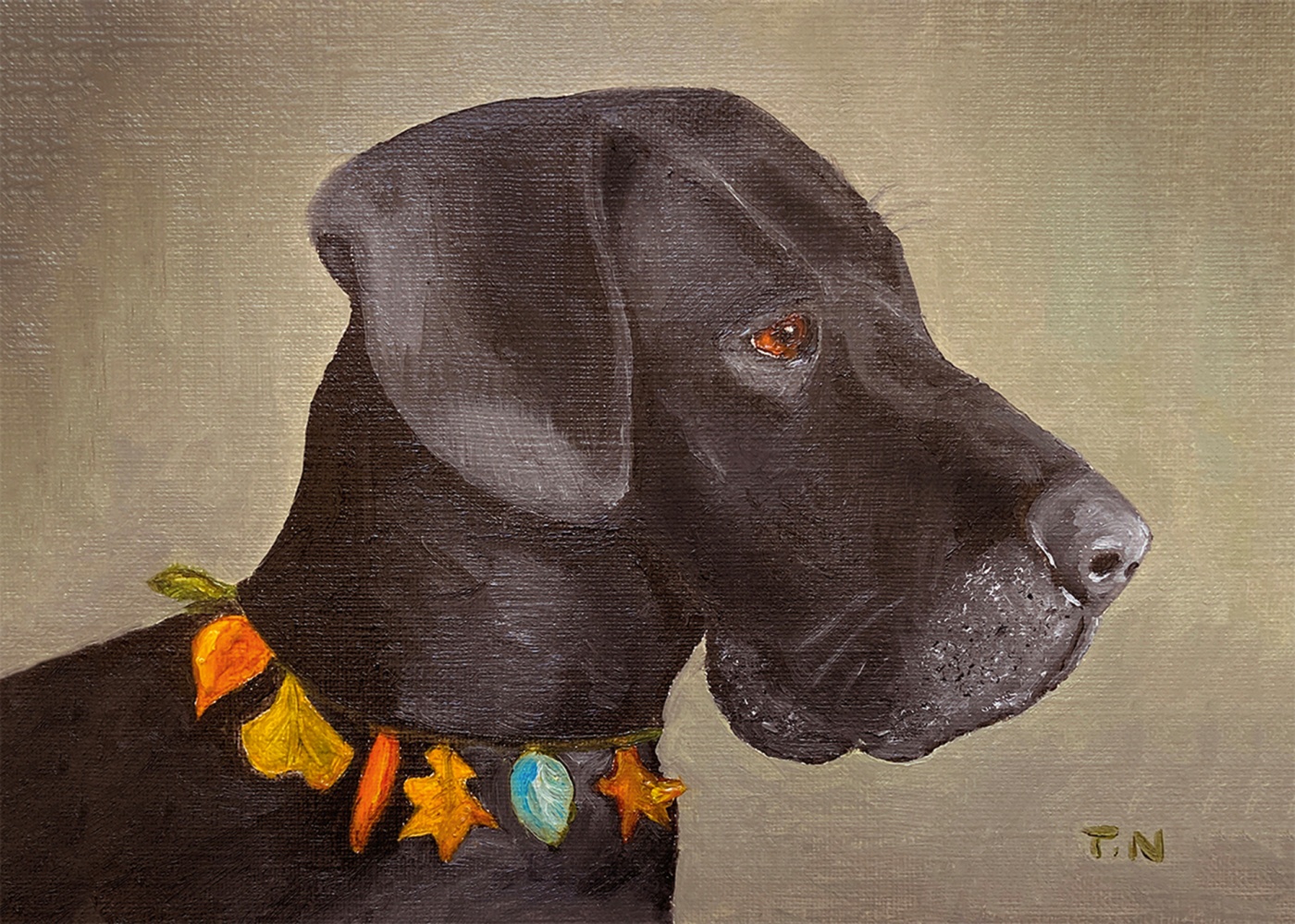 painted portrait of a black dog