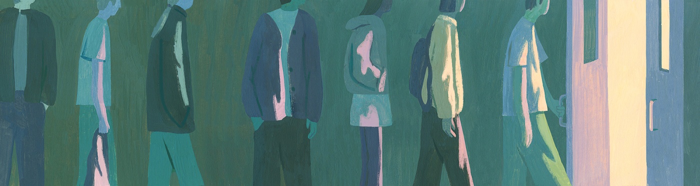 Illustration by Holly Stapleton of people lining up to walk out an open door.