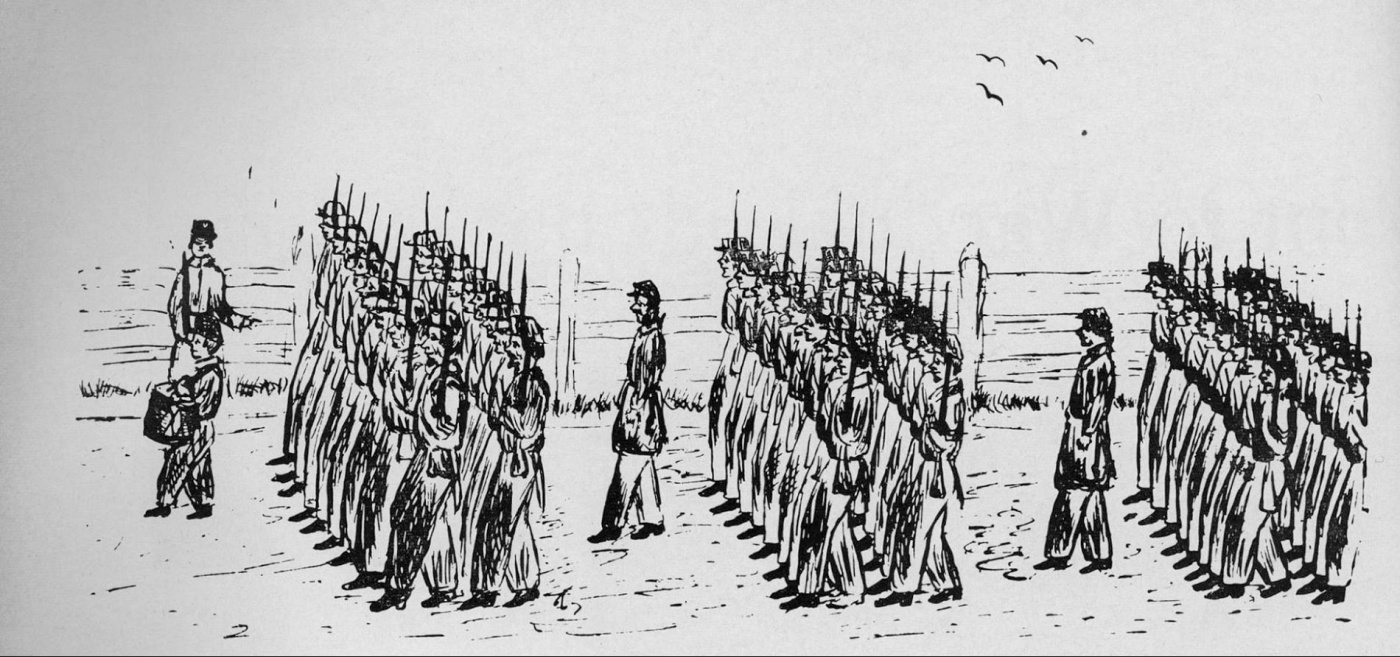 A drawing from 1864 of troops lined up in formation by John Tetlow.