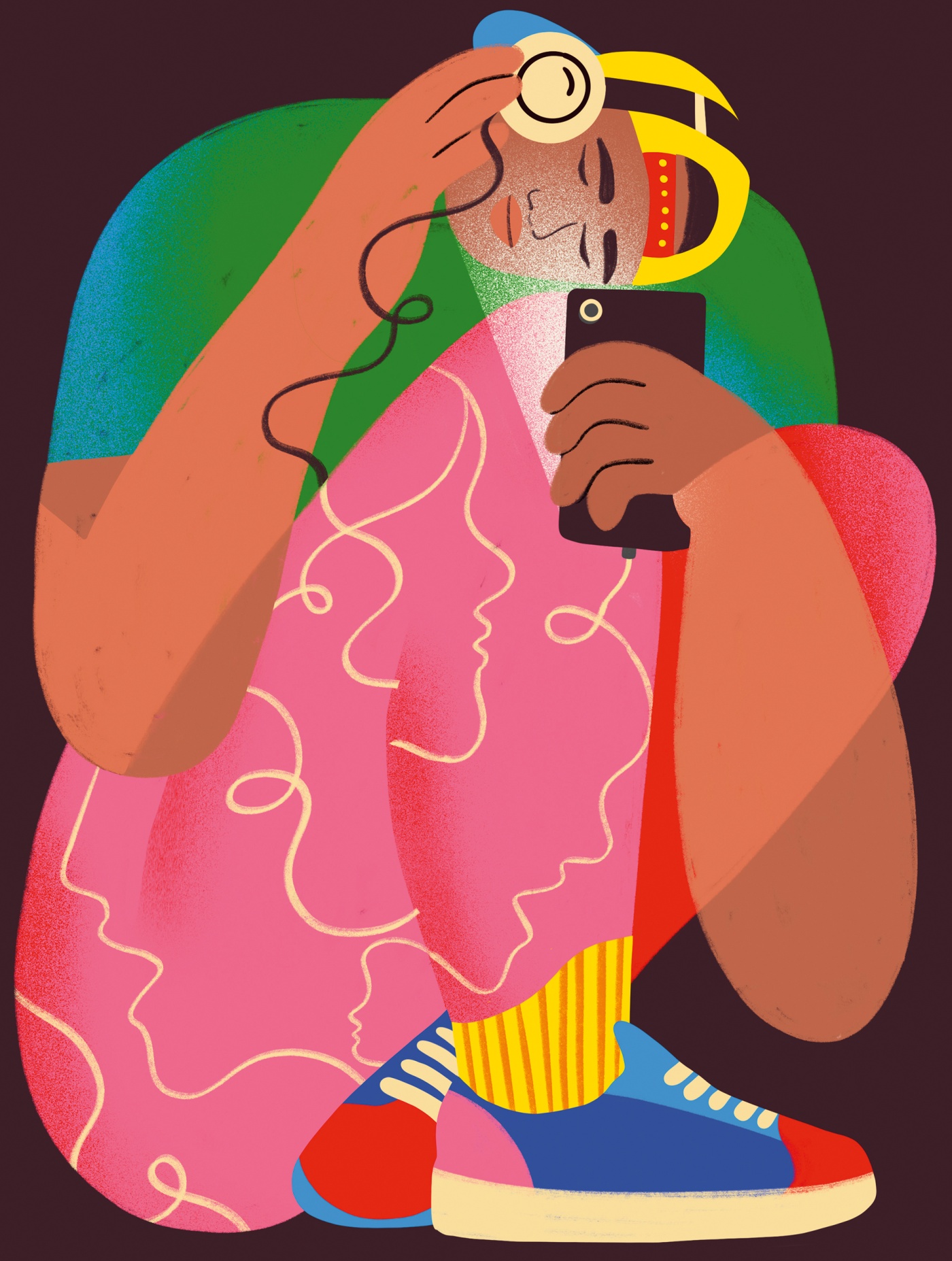 illo of a teen scrunched very tightly and listening to their phone