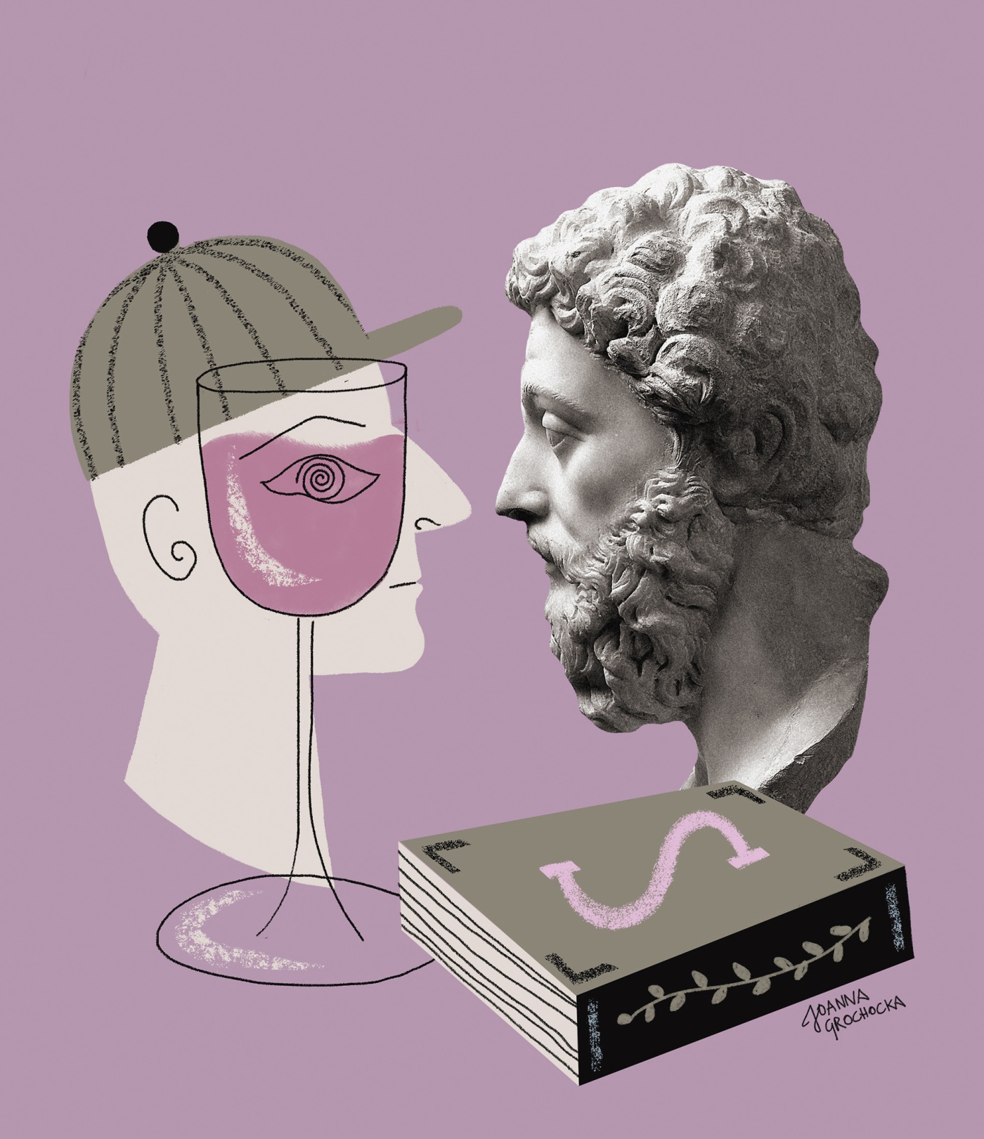 Illustration by Joana Grochocka of a man looking through a wine glass at a greek bust.