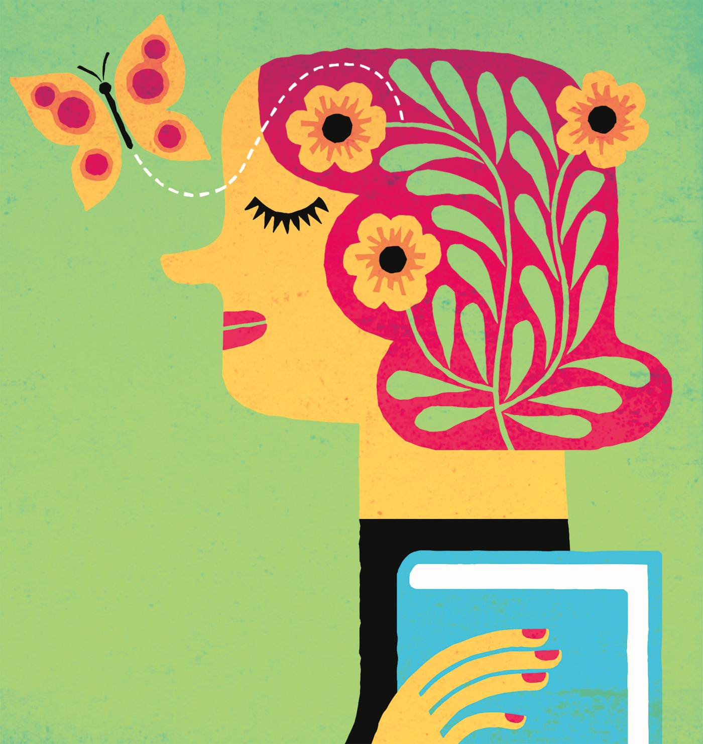 Illustration by Tim Cook of a person with flowers in their hair and a book in their hand with a butterfly flying around their head. 