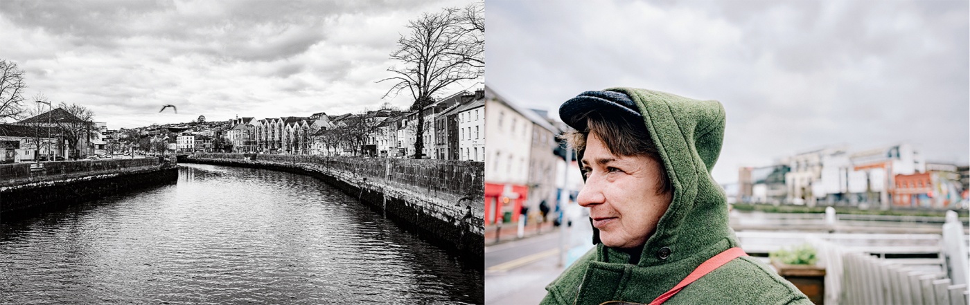 diptych of the River Lee and Annie walking through Cork City