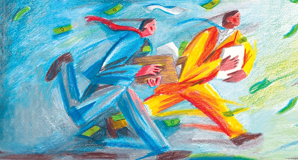 Illustration by Pat Thomas of two individuals with suits on running with papers in their hands and money flying around.
