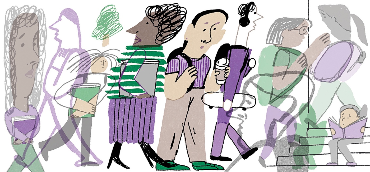 Illustration by Lena Yokoyama of a group of individuals walking while holding objects.