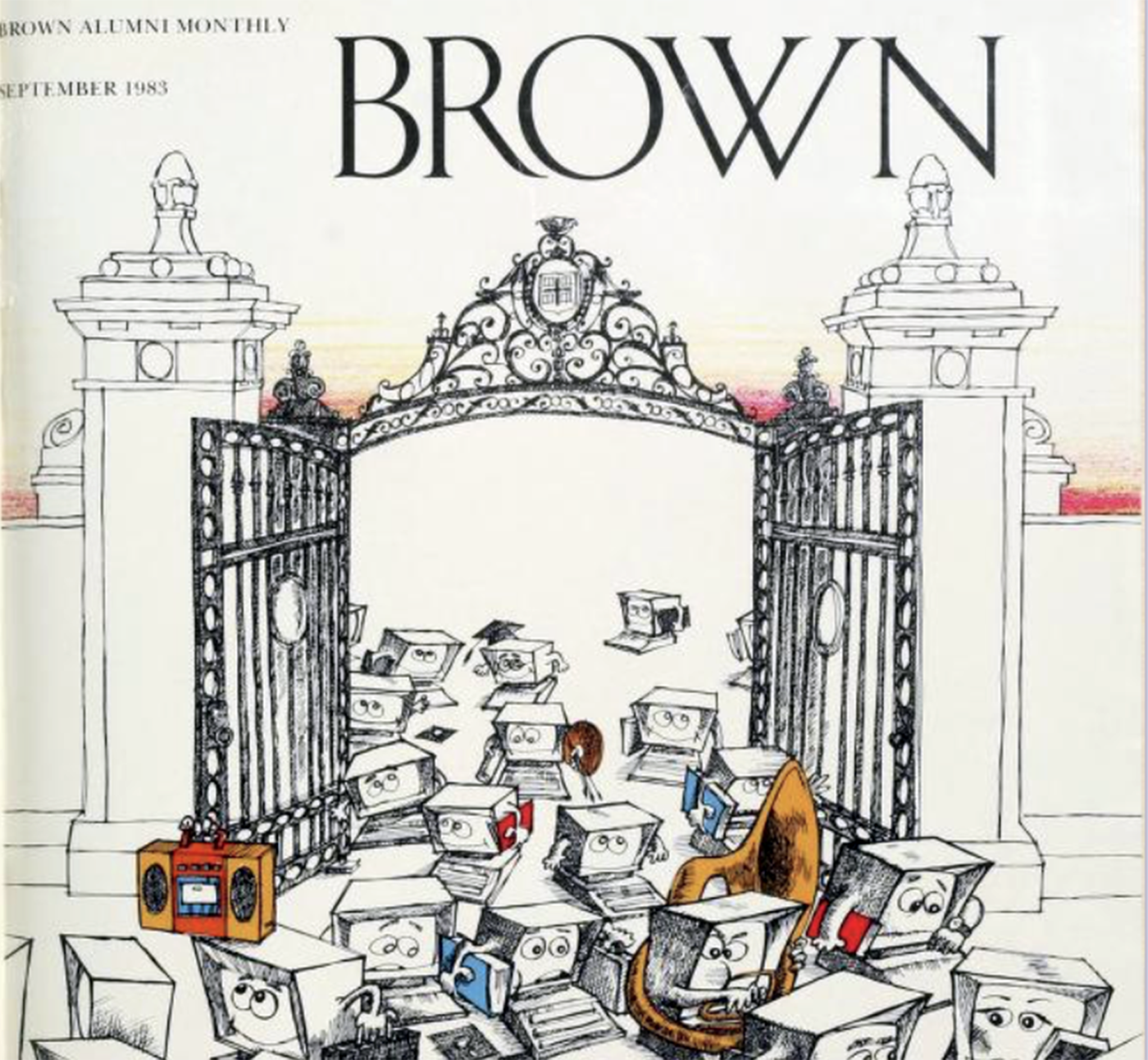 Cover image from September 1983 of computers going through the Van Wickle Gates