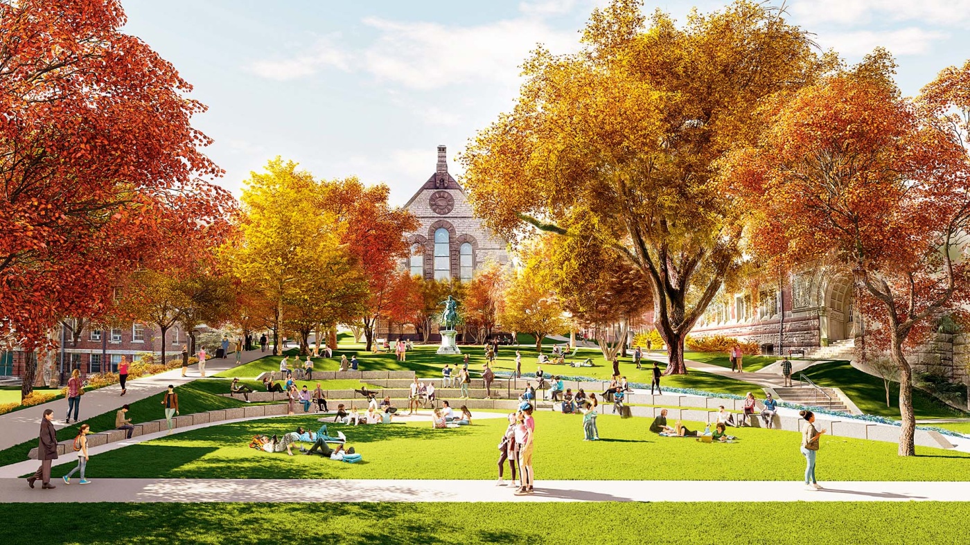 AI rendering of an amphitheater on Simmons Quad in the fall