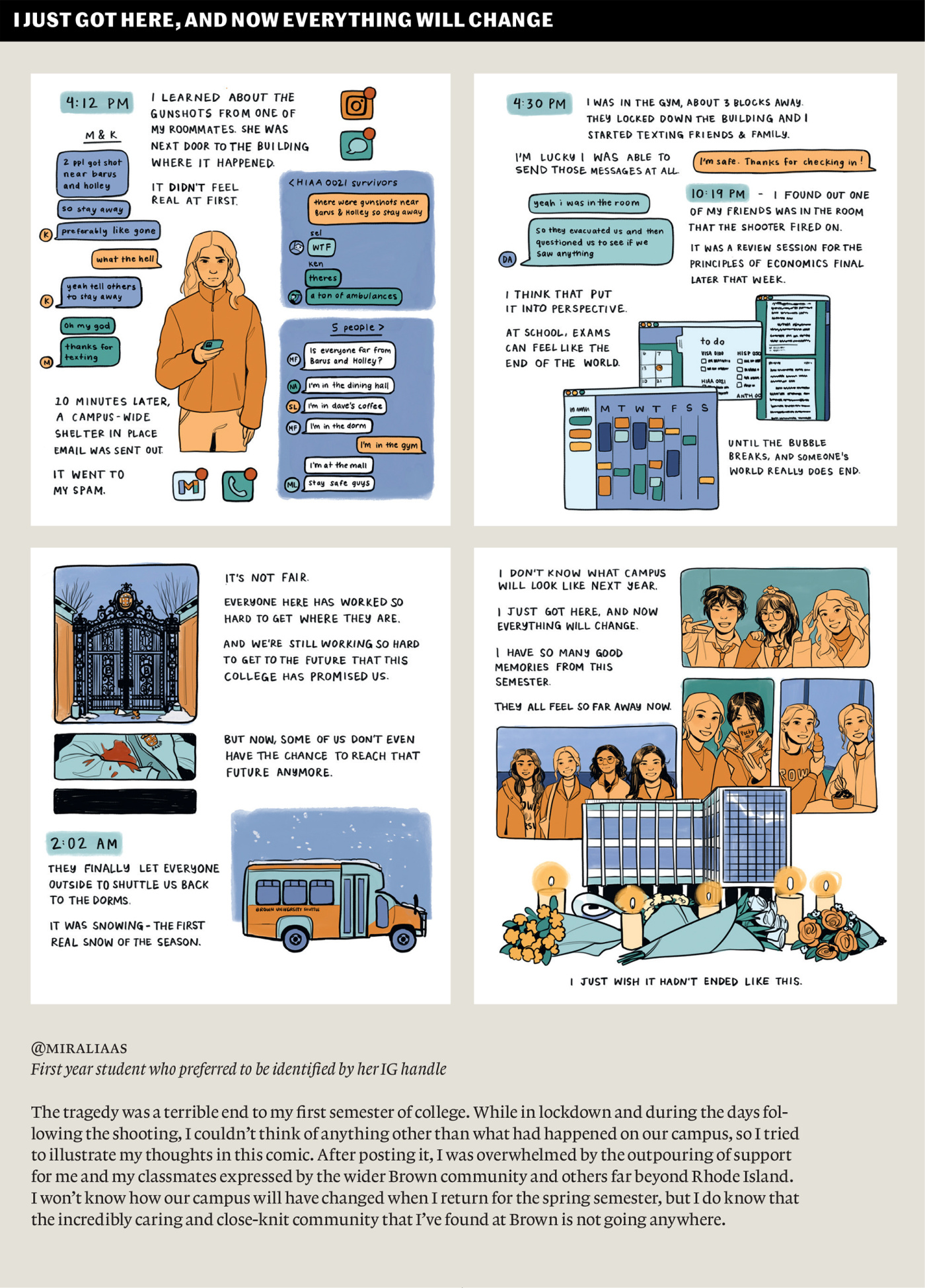 4-panel graphic illo about the campus shooting