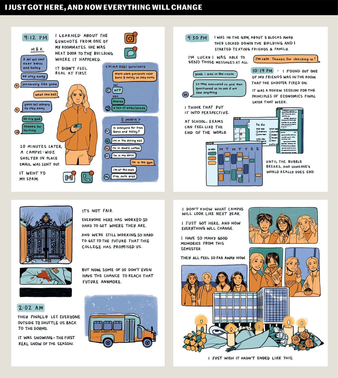 4-panel graphic illo about the campus shooting