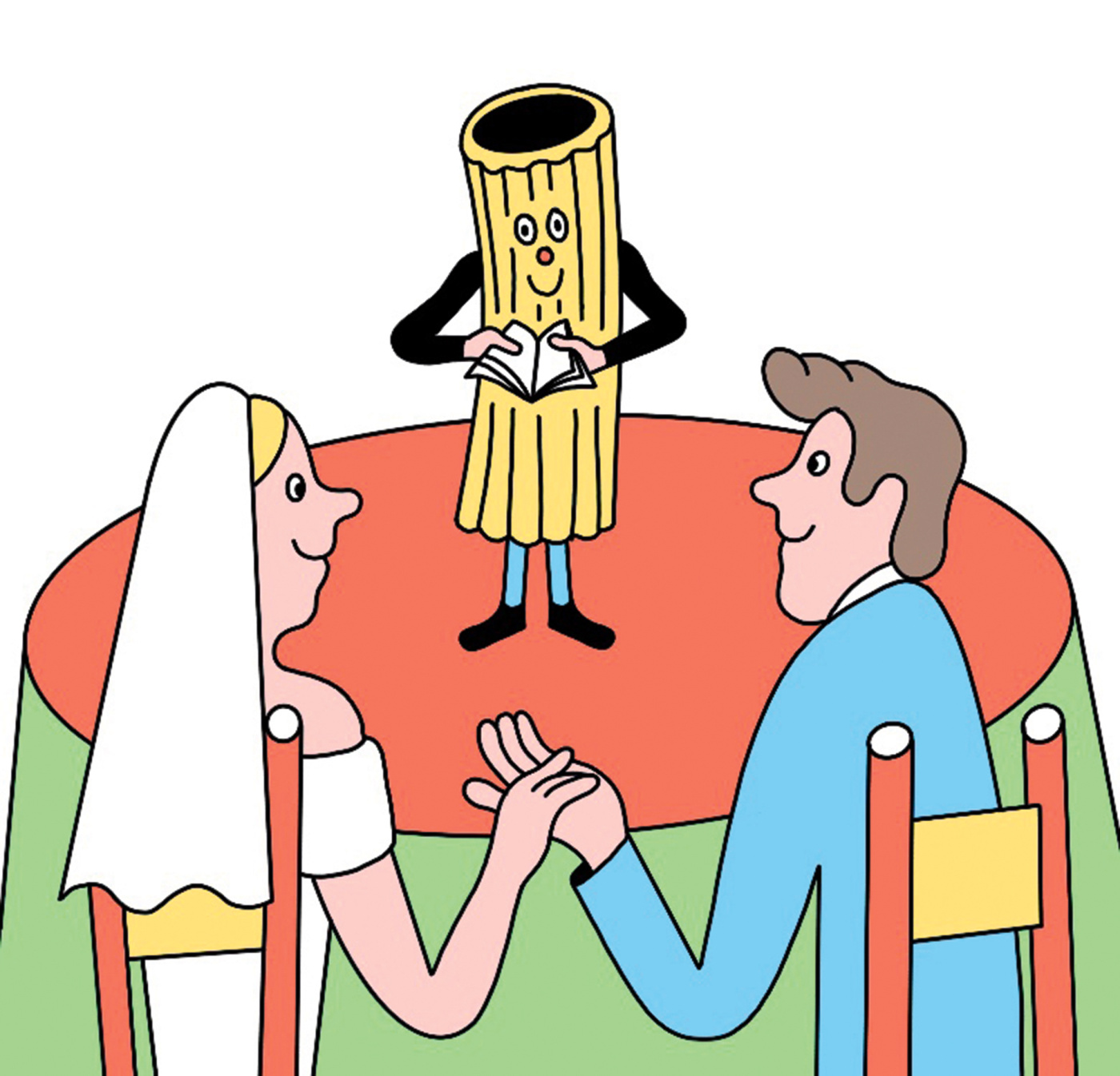 drawing of pasta officiating a wedding