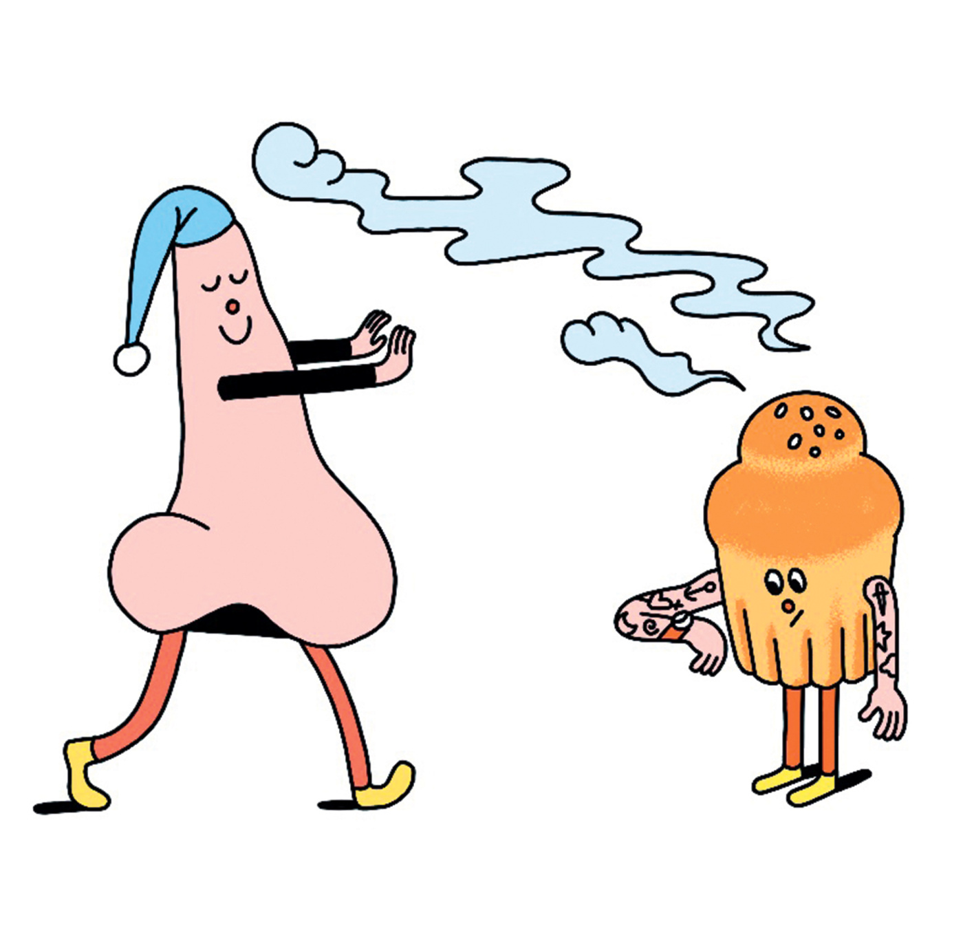 drawing of a nose being drawn to a fragrant brioche