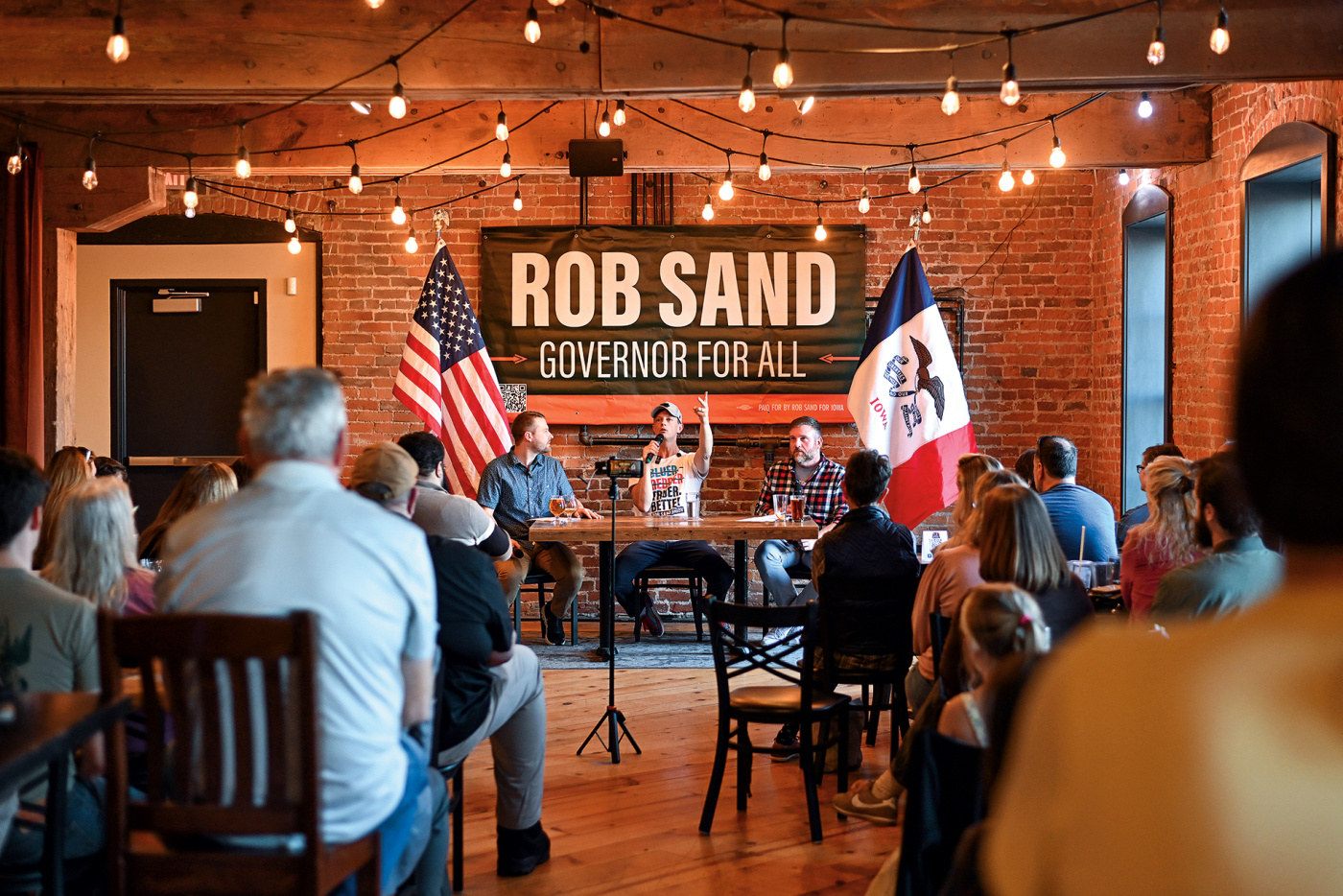 Rob Sand with supporters at a campaign stop