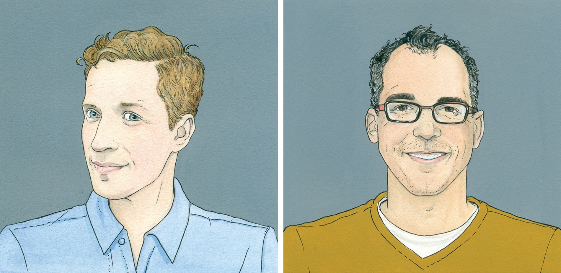 Illustrations of Andrew Sean Greer ’92 (left) and James Forman Jr. ’88 (right)