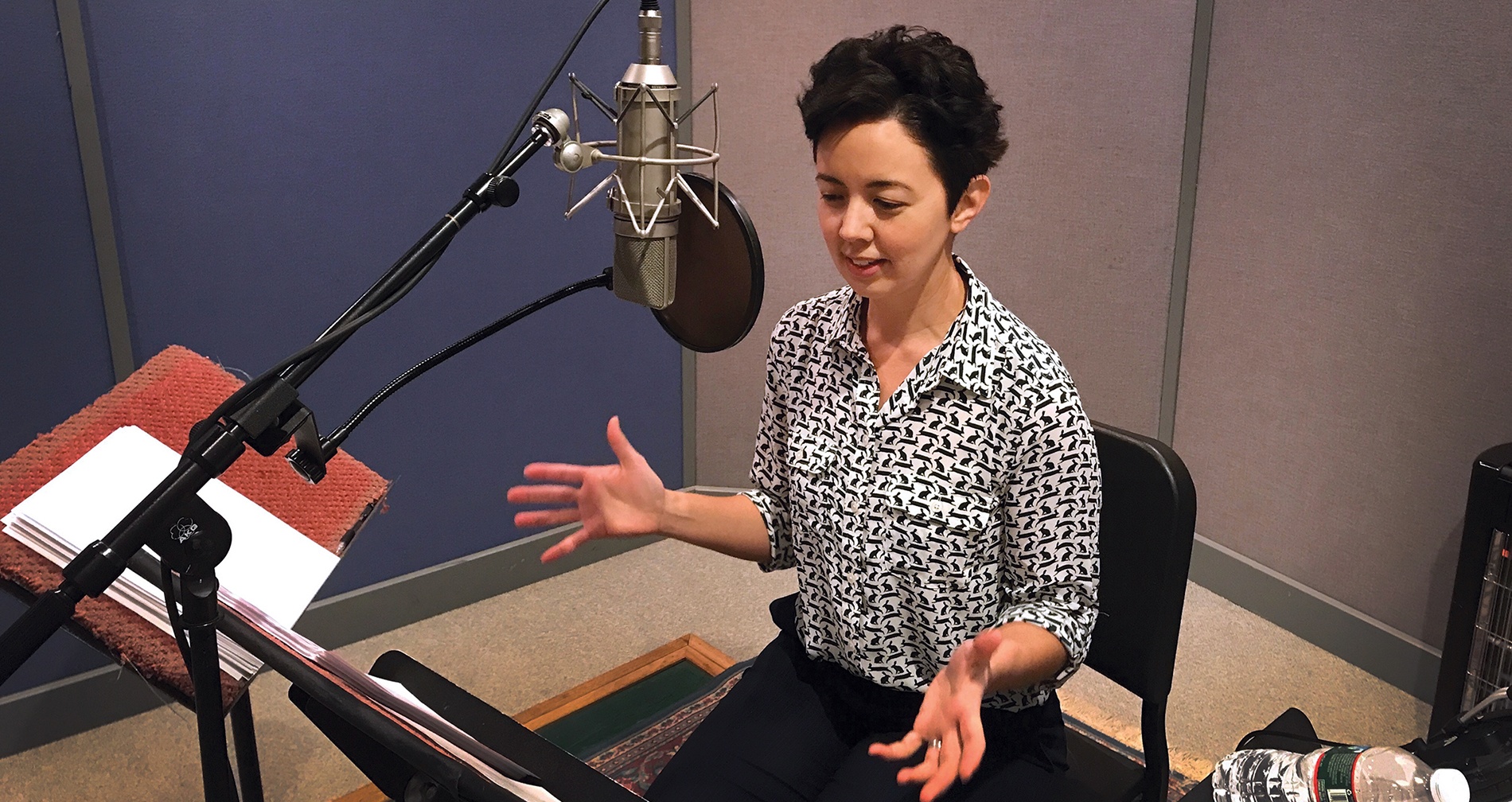 photo of Ellen Hendriksen ’99 recording a podcast