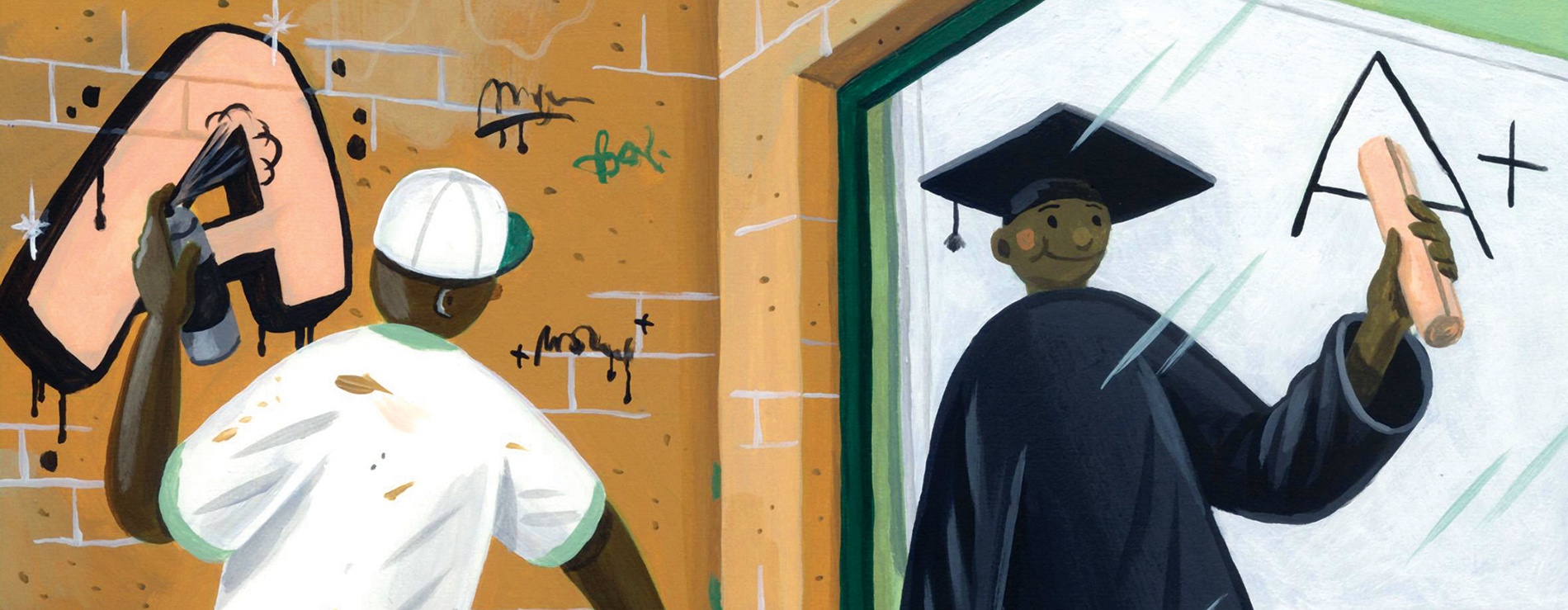 Illustration of a young man spraypainting an "A" on a wall, looking through a plate glass window at a seemingly identical young man in a cap and gown, holding up a diploma, with an "A+" seen on a whiteboard.