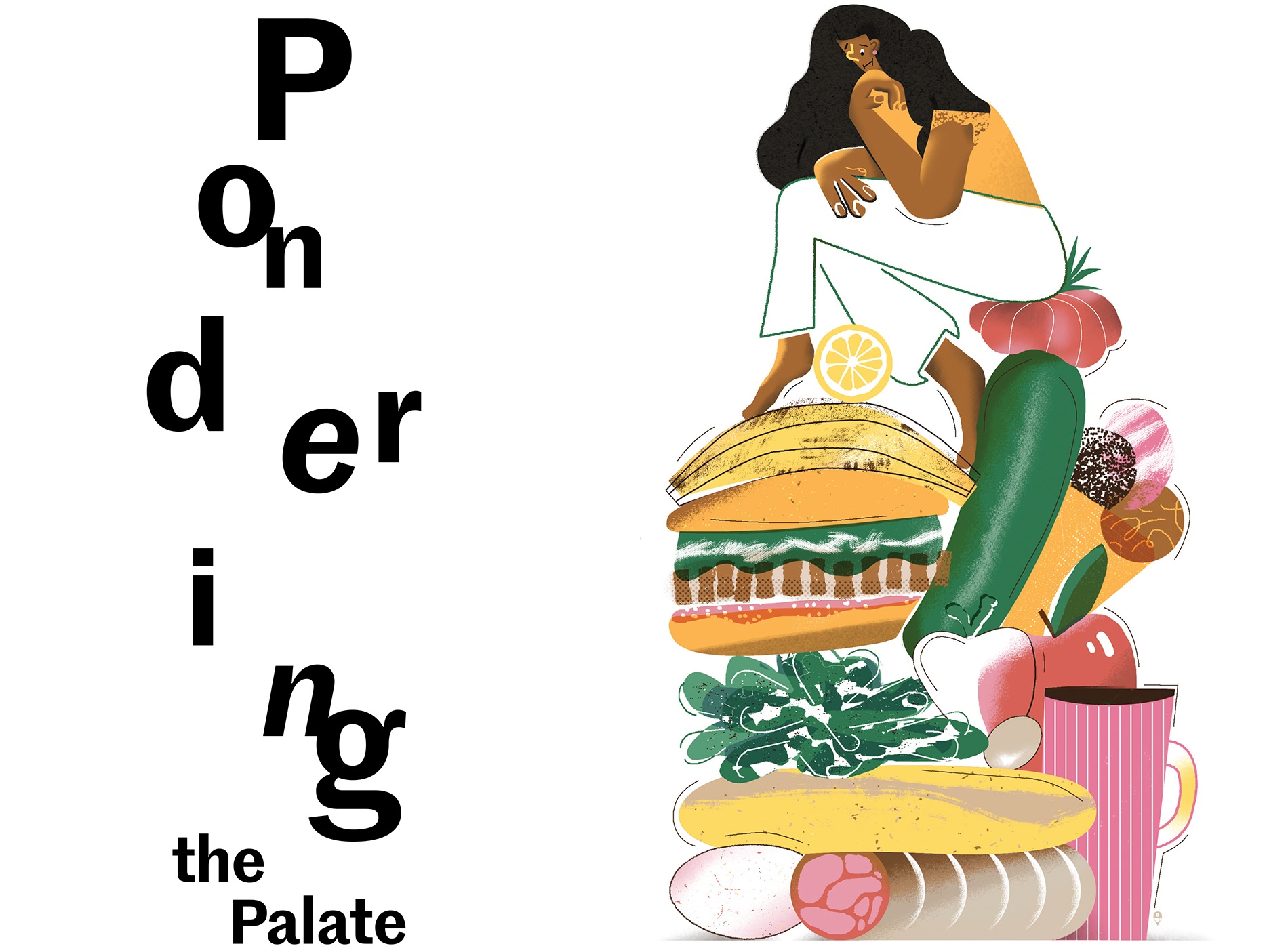 illustration of a woman atop a mountain of foodstuffs