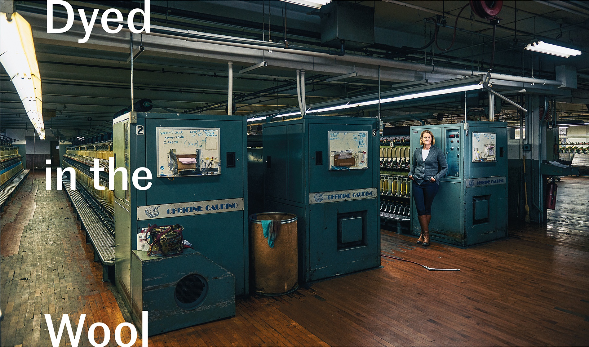 Jennifer Knight ’89 leans against a worsted spinning frame at American Woolen’s mill in northeastern Connecticut.