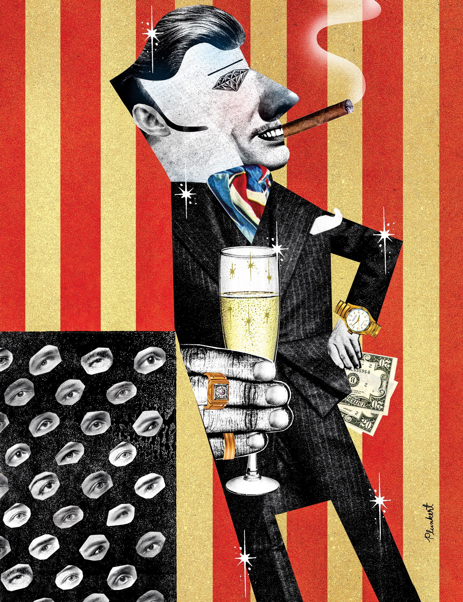 illustration of a louche rich dude, being watched by the 99%