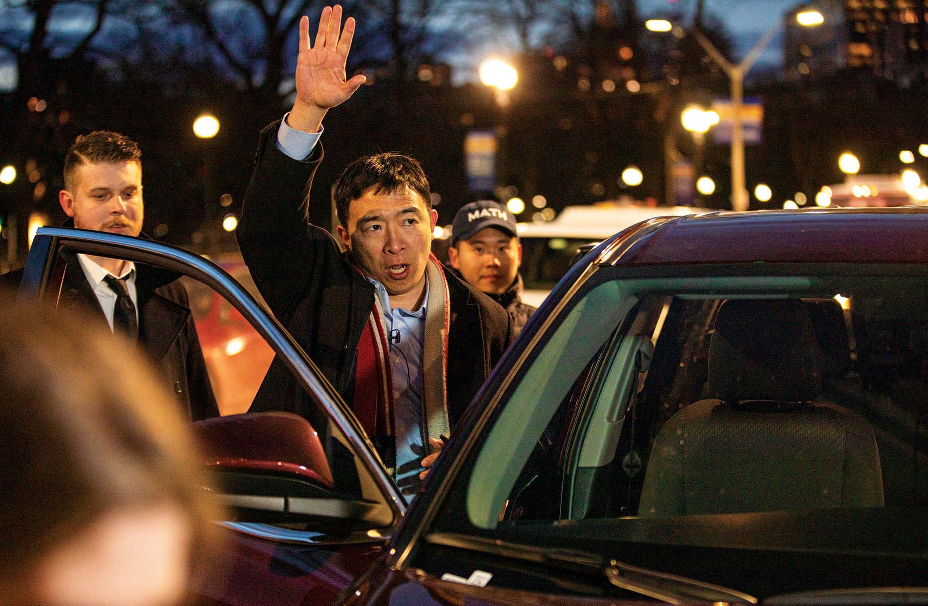 Andrew Yang arrives at a campaign rally