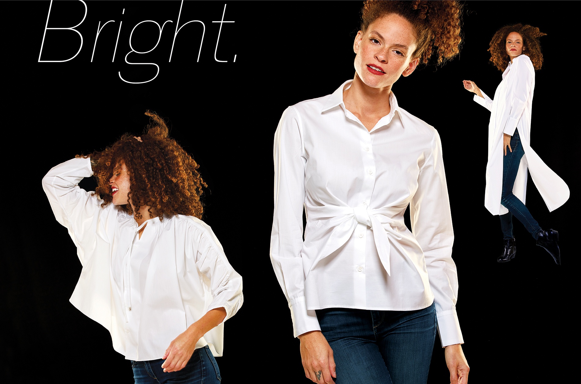 Three views of a model wearing white blouses from 2019 Gift Guide