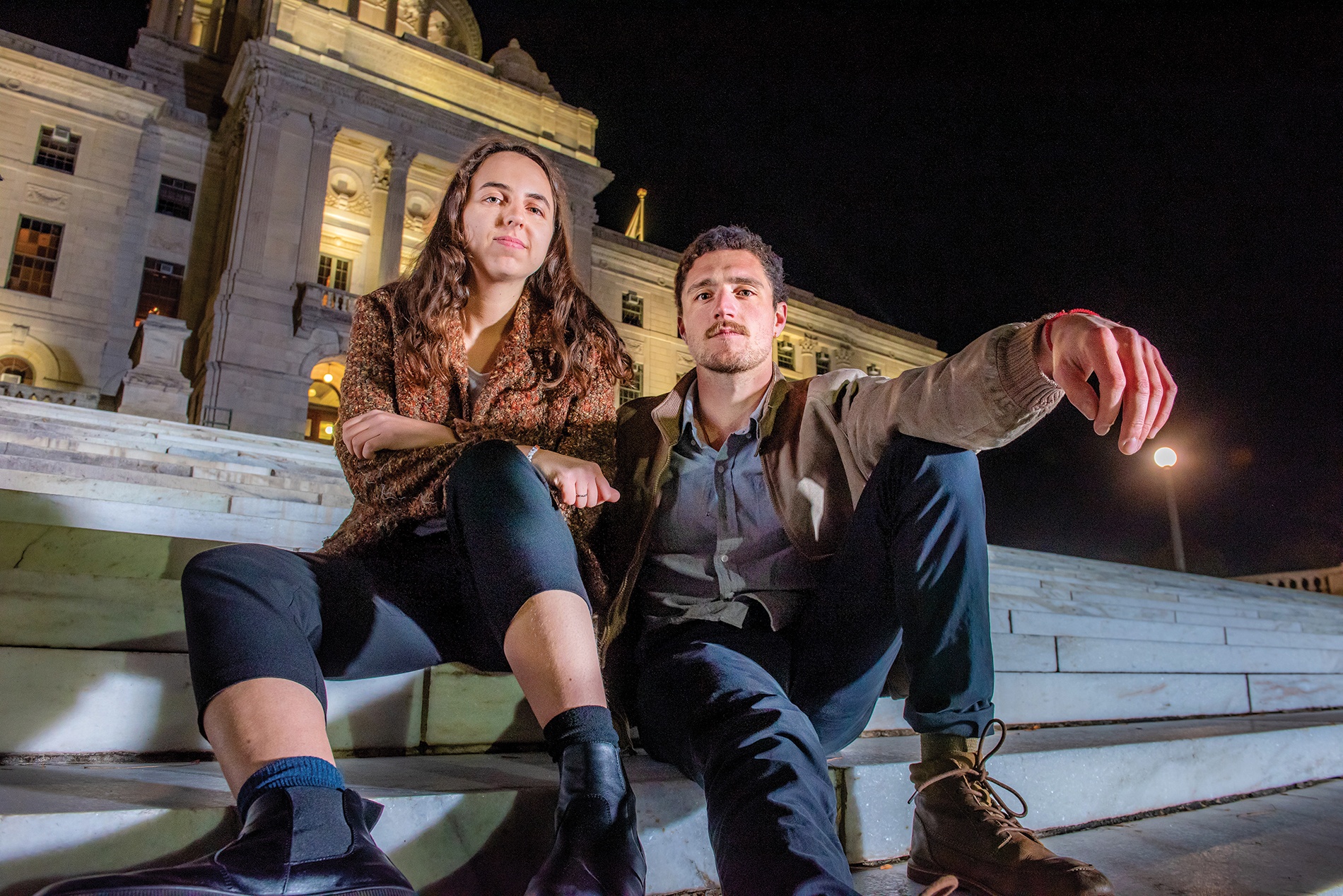 Jennah Gosciak ’19 and Oscar d'Angeac ’17 on the steps of the RI State House