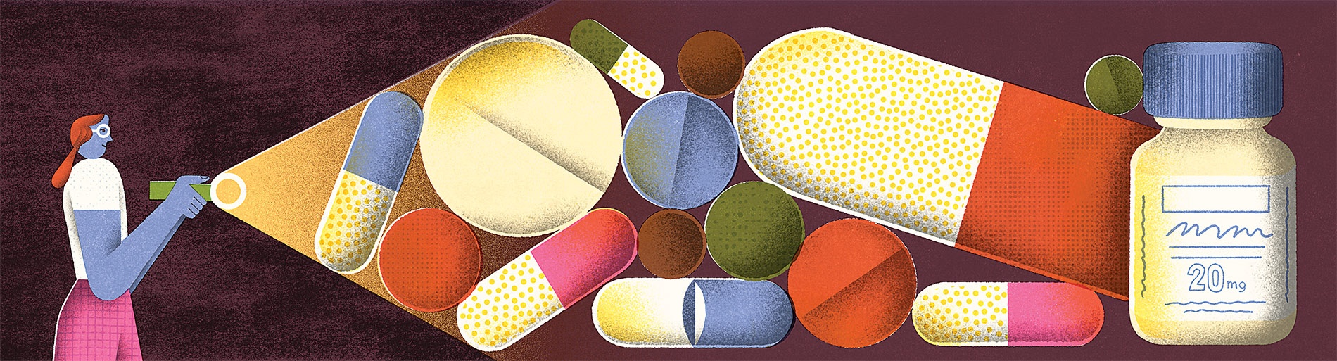 Illustration by Mar Hernandez of a person holding a flashlight to pills