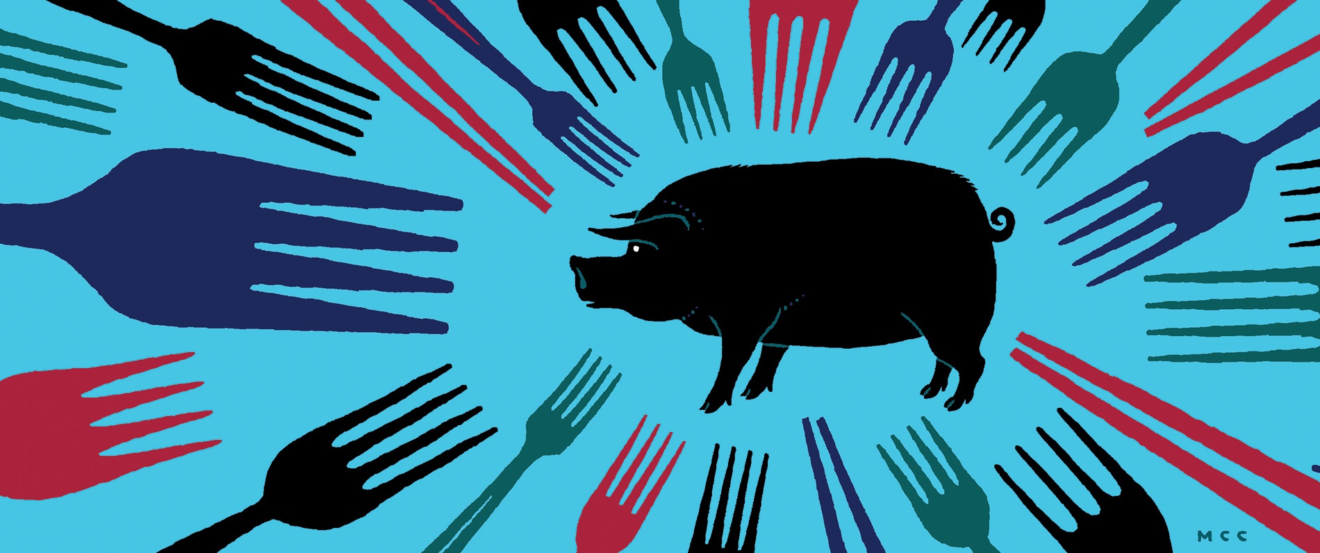 Illustration of pig with forks aiming toward it. 