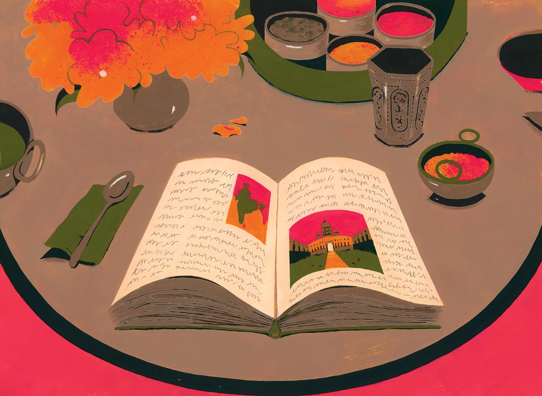 Illustration by Celia Jacobs of a dining table with a book open, flowers and bowls of condiments and a cup.