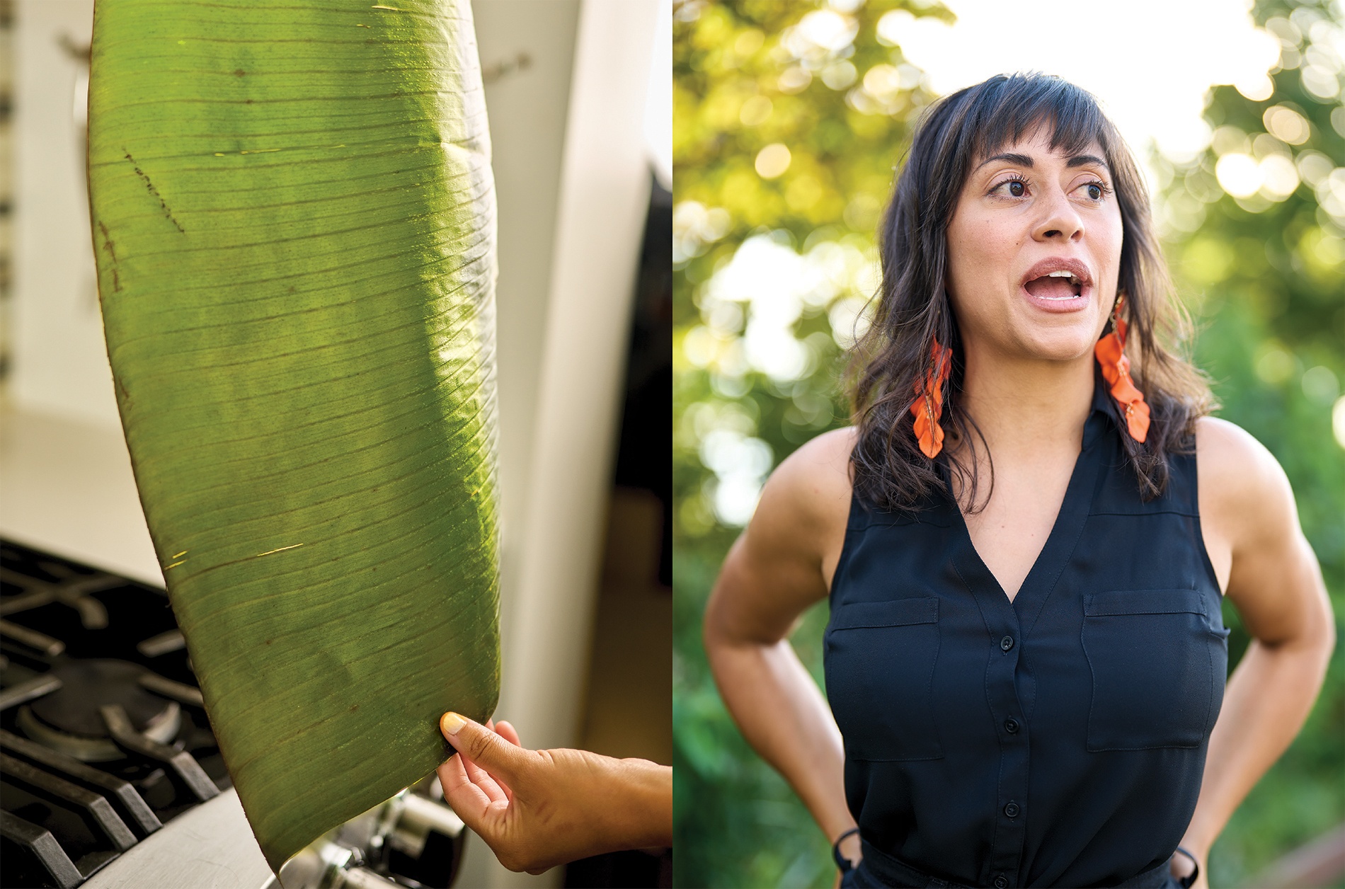 photo diptych of a banana leaf and Gabriela Álvarez-Martinez ’11